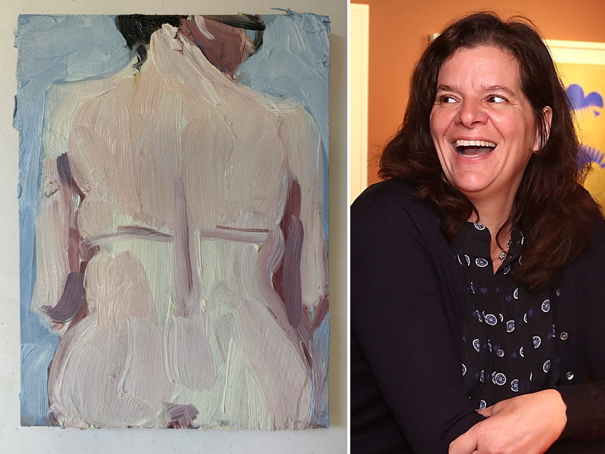 Chantal Joffe has used big brush marks in her mini self-portrait as if it’s a huge painting