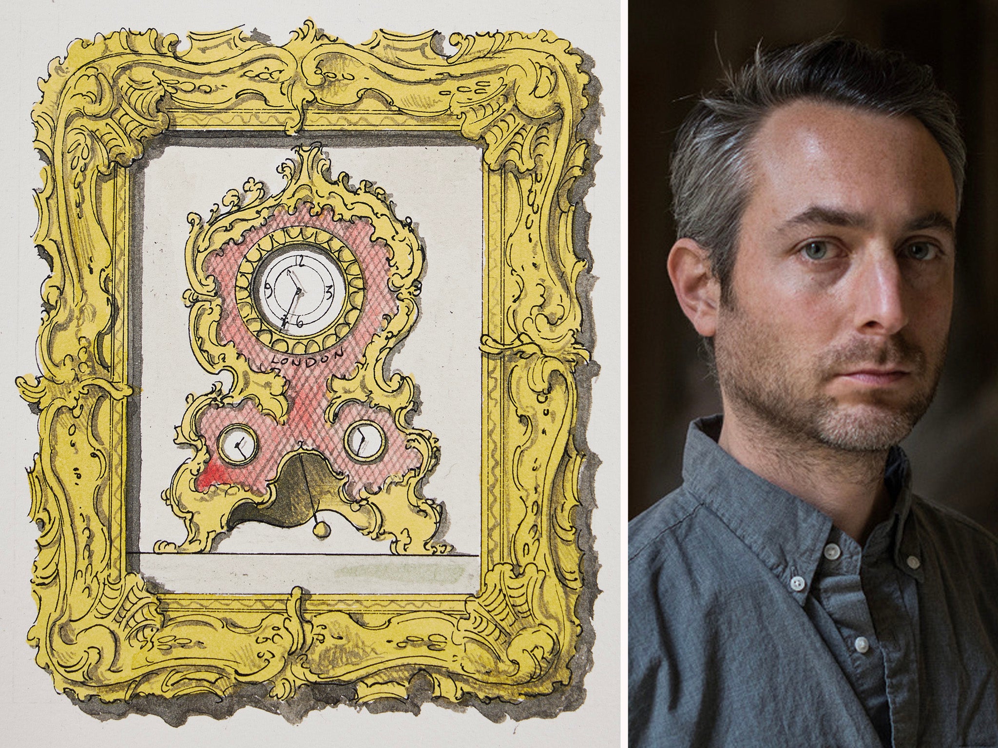 Pablo Bronstein’s miniature ‘Rococo Clock’ is related to a clock drawing of his that is in the British Museum