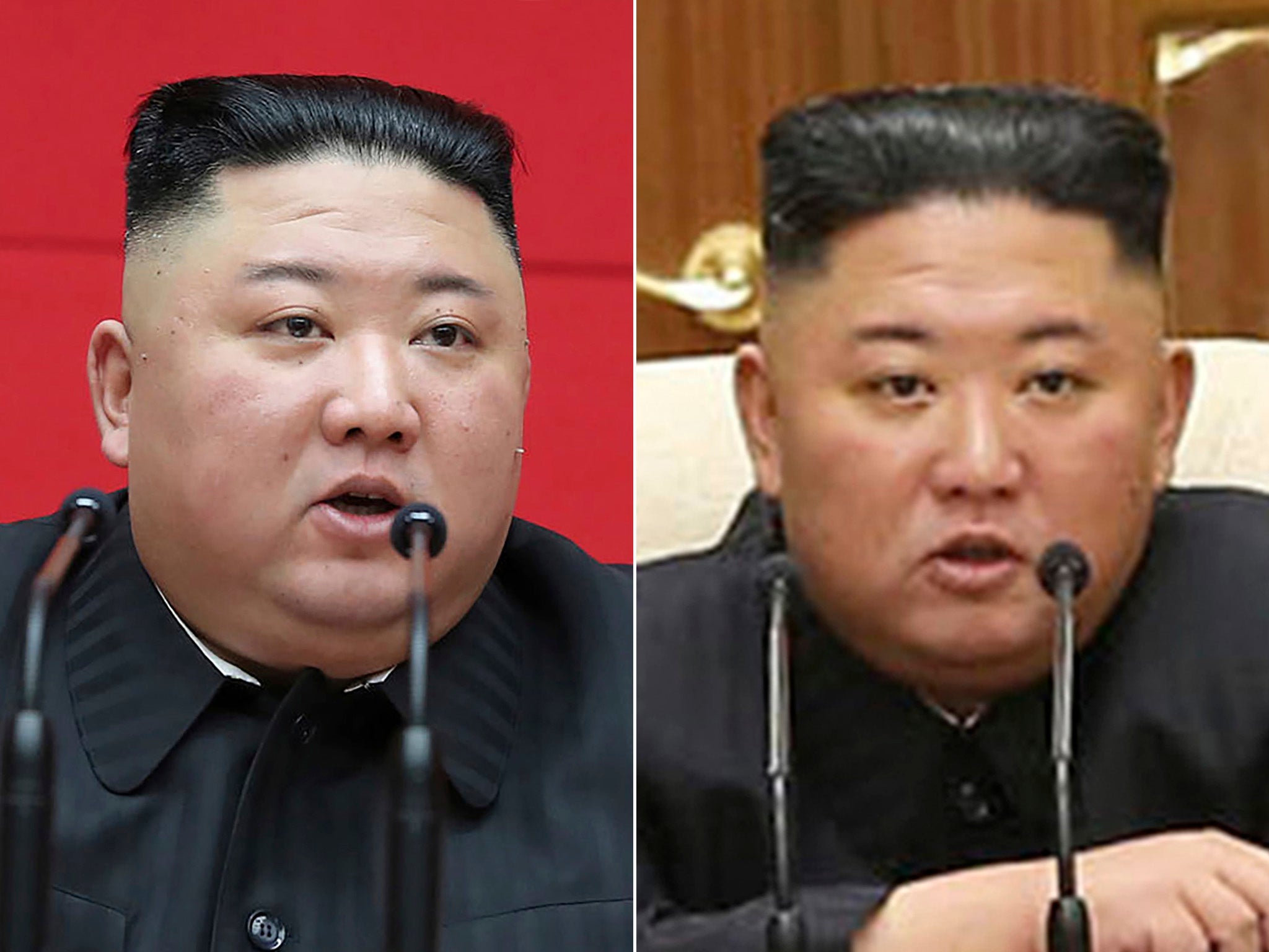 Kim Jong-un earlier this year (left), alongside a photo from a recent meeting which led to suggestions he had lost weight