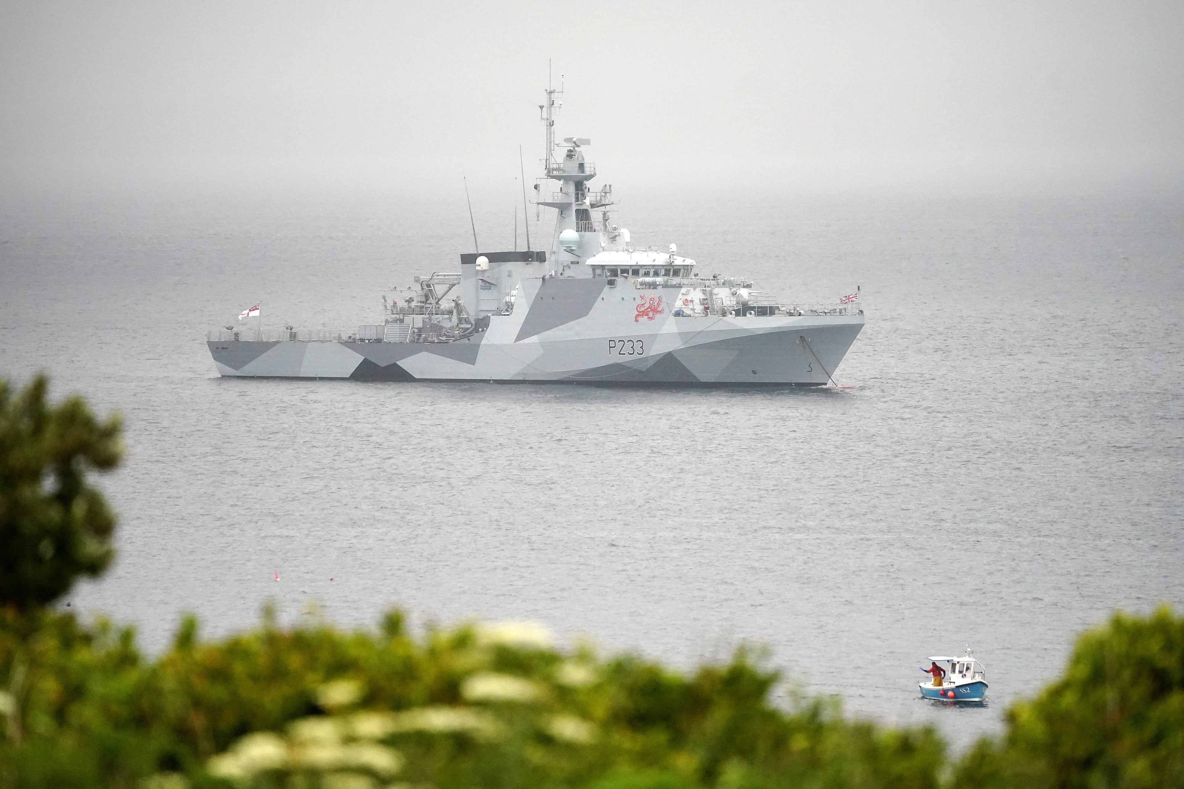 HMS Tamar is pictured in the waters off St Ives, Cornwall, on 9 June, 2021.