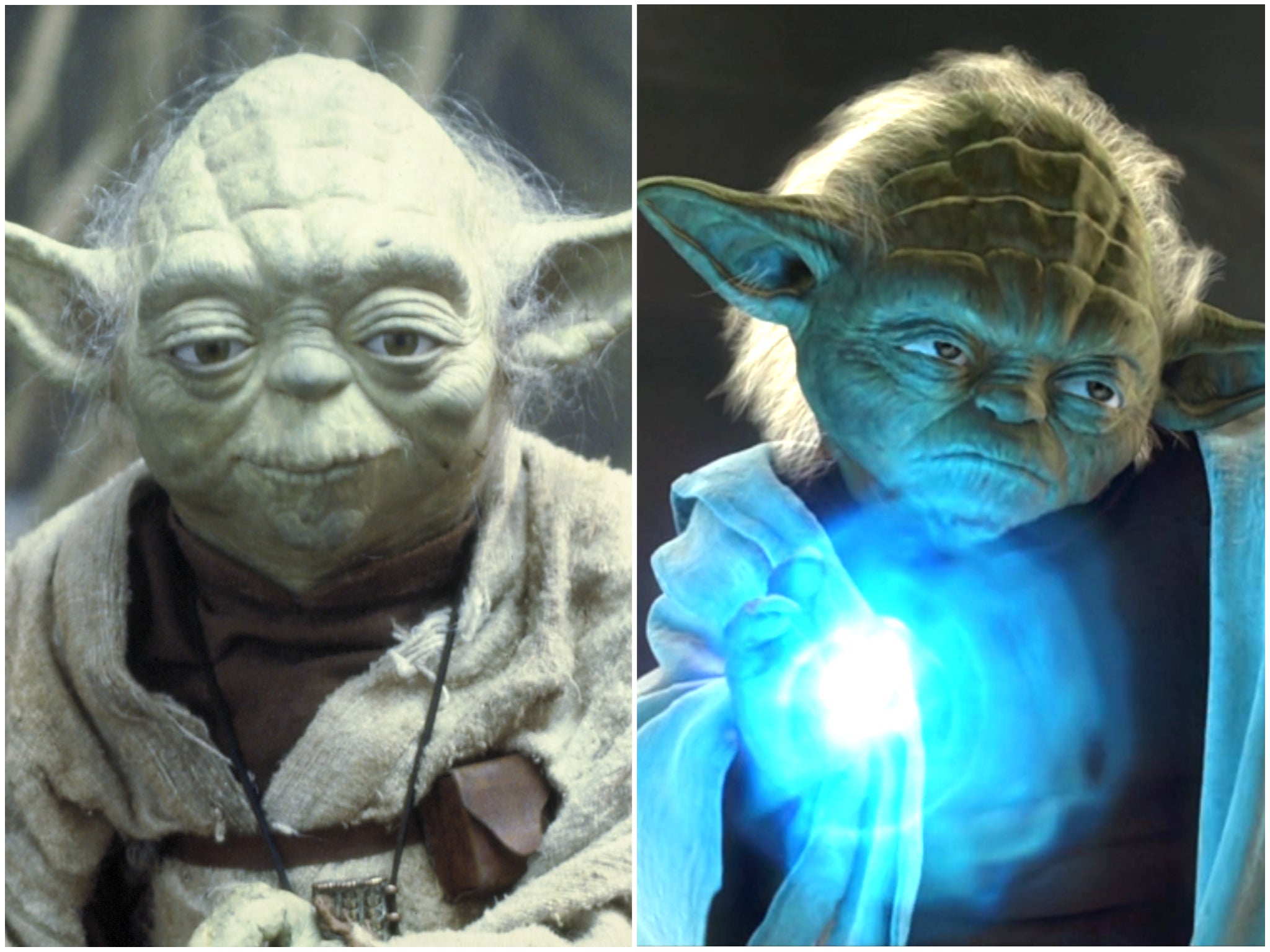 The puppet Yoda in the original Star Wars films, and his CGI replacement in ‘Attack of the Clones’