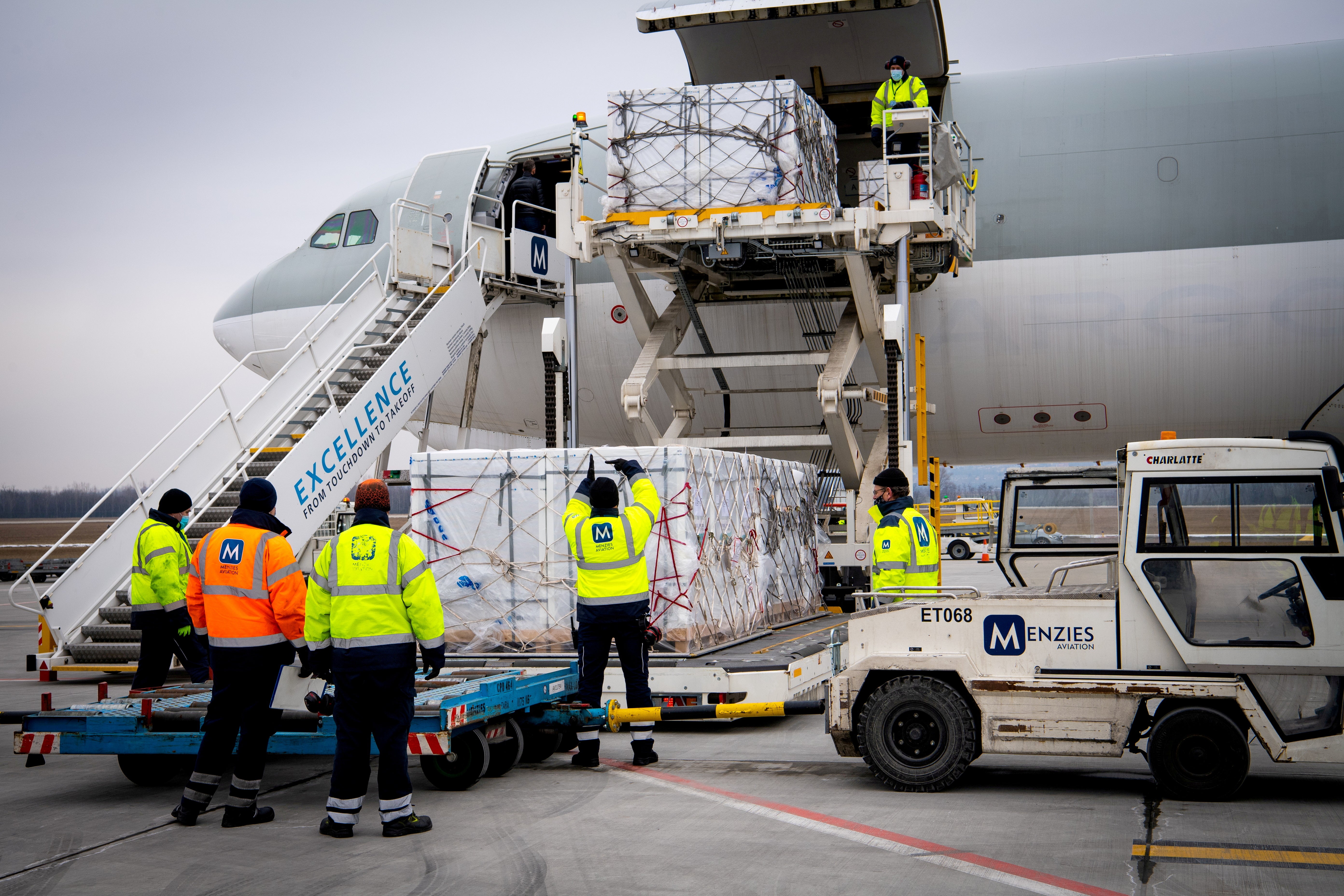 A shipment of China’s Sinopharm Covid-19 vaccine arrives at Budapest Airport