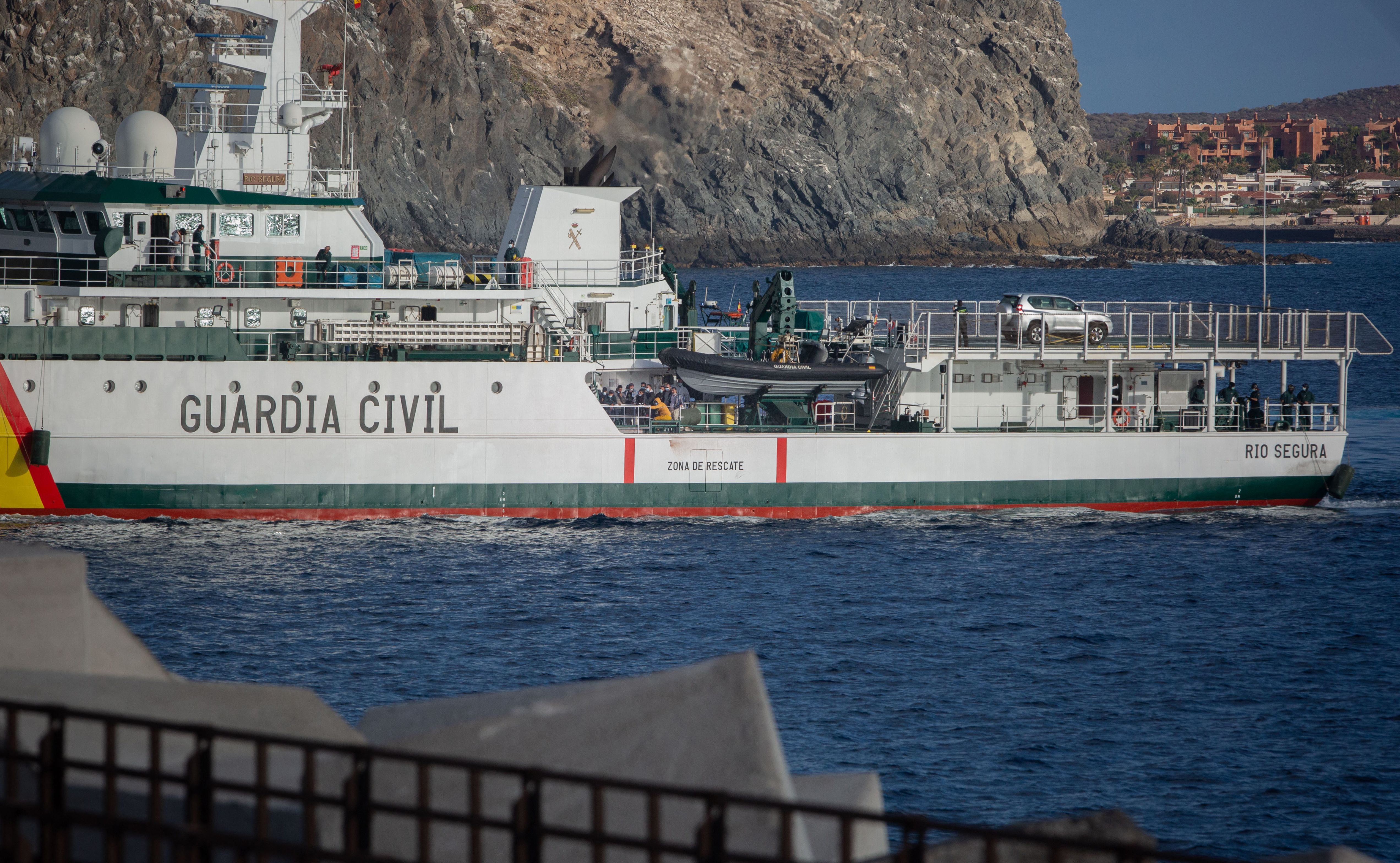 A Spanish Civil Guard vessel is seen in Arona, on the Spanish Canary island of Tenerife on April 27, 2021.