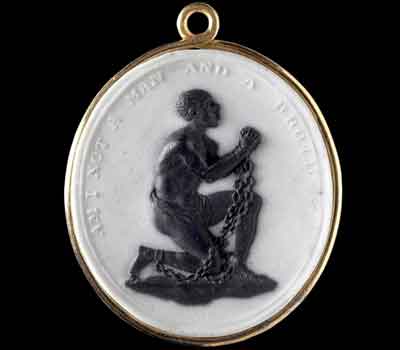 English potter and abolitionist Josiah Wedgwood created this medallion of an enslaved Black man kneeling, bearing the inscription ‘Am I Not a Man and a Brother’