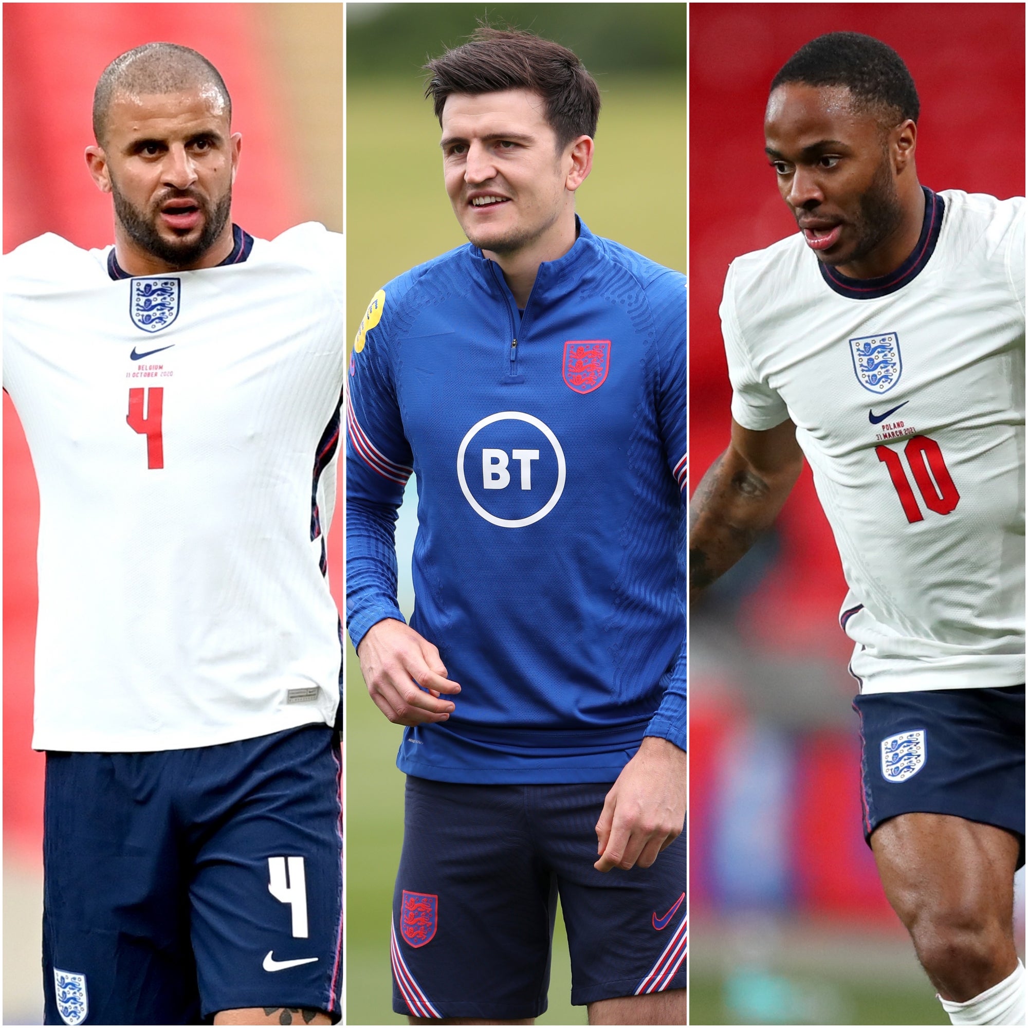 Kyle Walker (left), Harry Maguire and Raheem Sterling