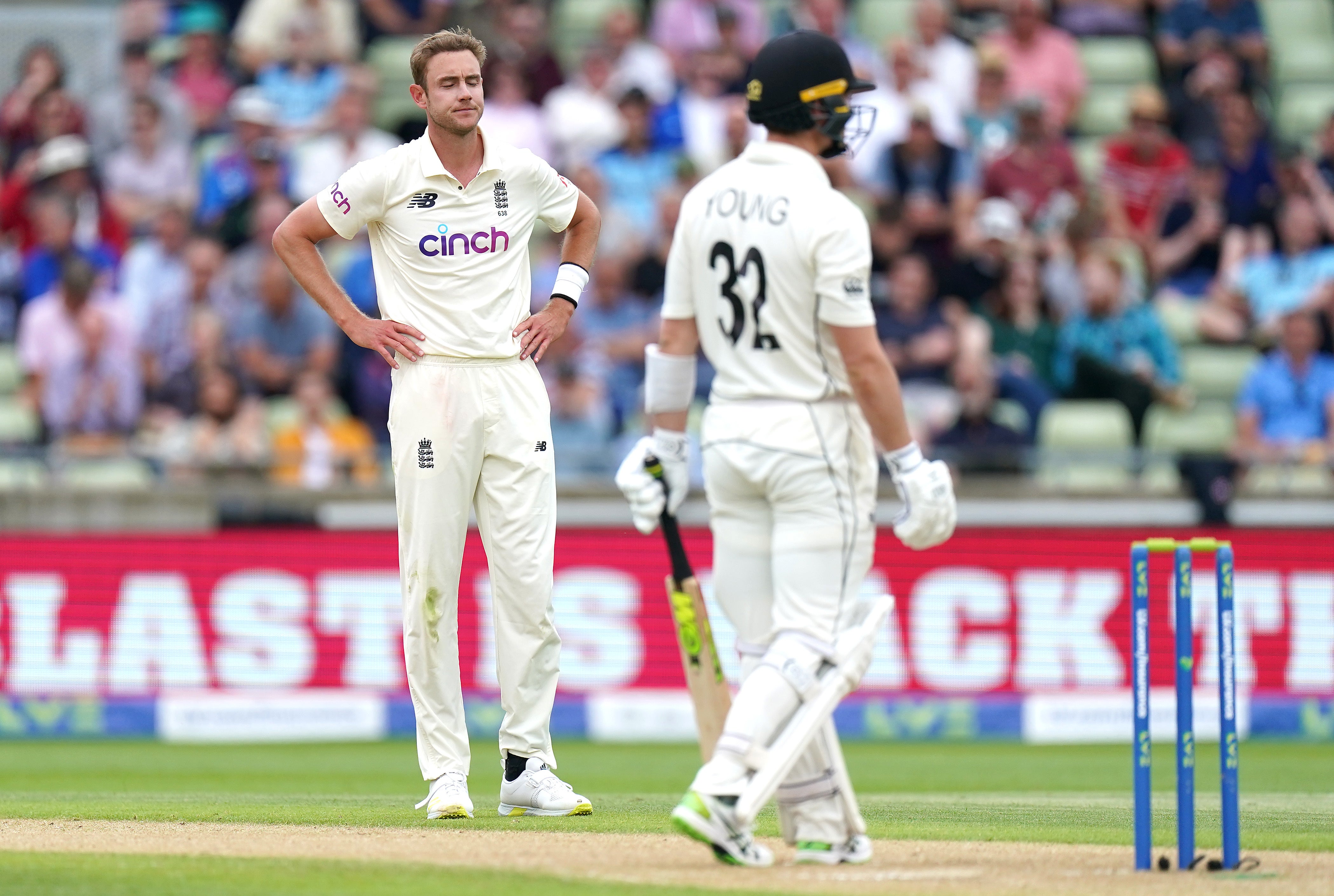 Stuart Broad (left) appears frustrated