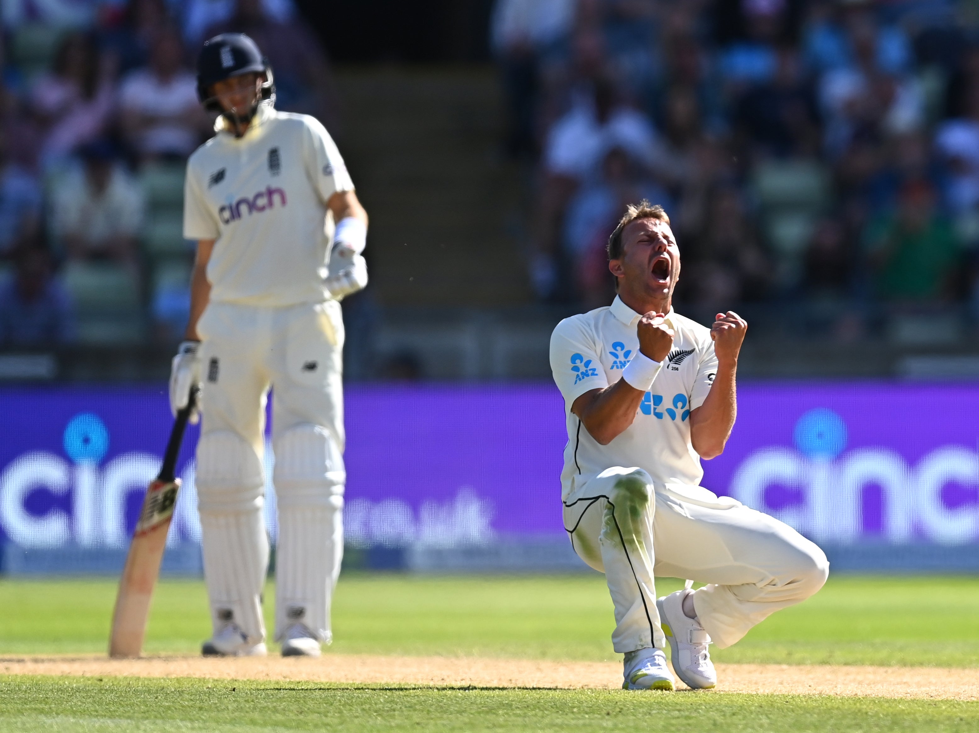 Zealand bowler Neil Wagner celebrates after taking the wicket of England batsman Ollie Pope