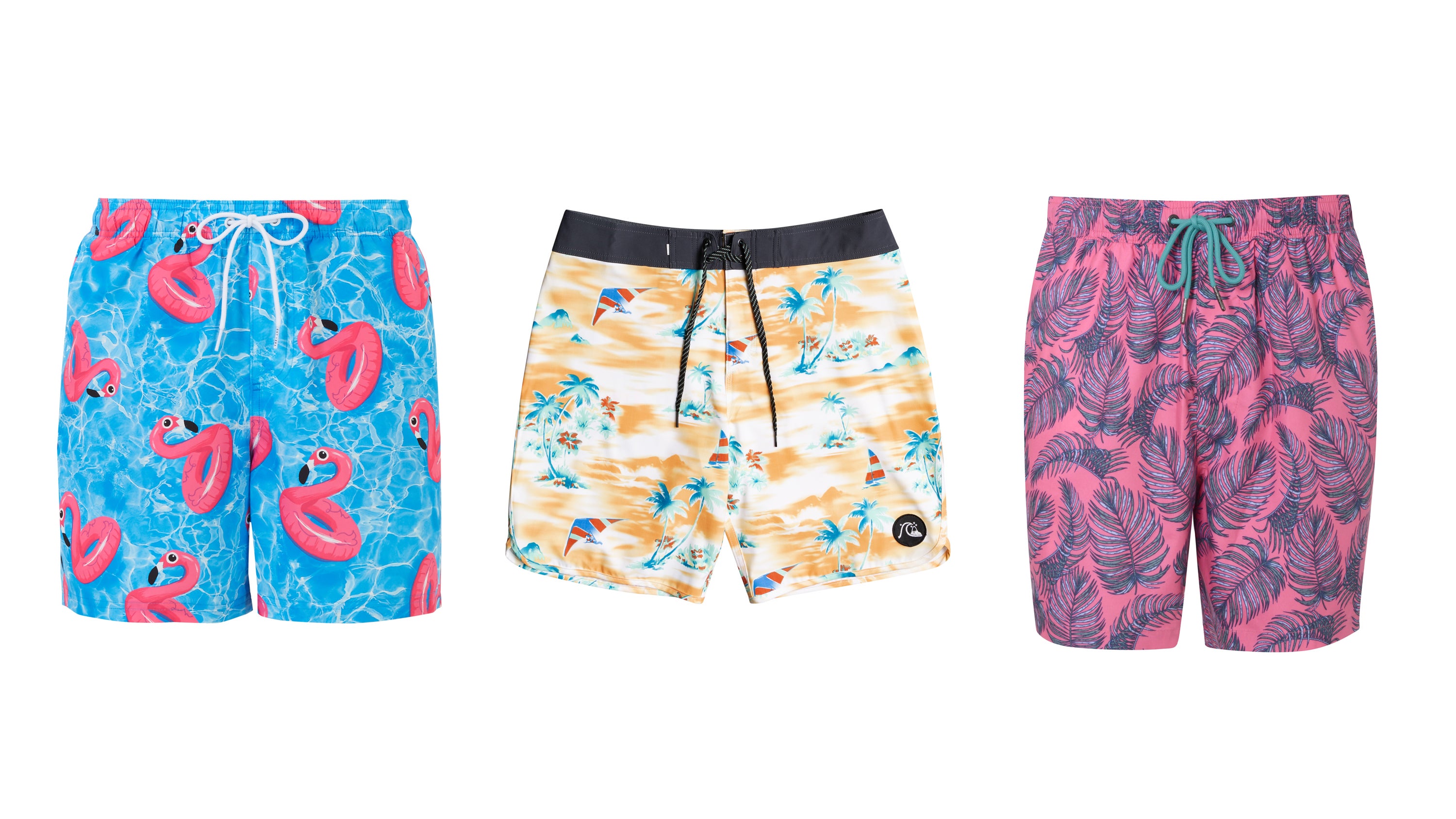 Marks and Spencer Collection Quick Dry Flamingo Print Swim Shorts; Quiksilver Surfsilk Mystic Sessions 19" Board Shorts for Men; Matalan Palm Leaf Print Swim Shorts