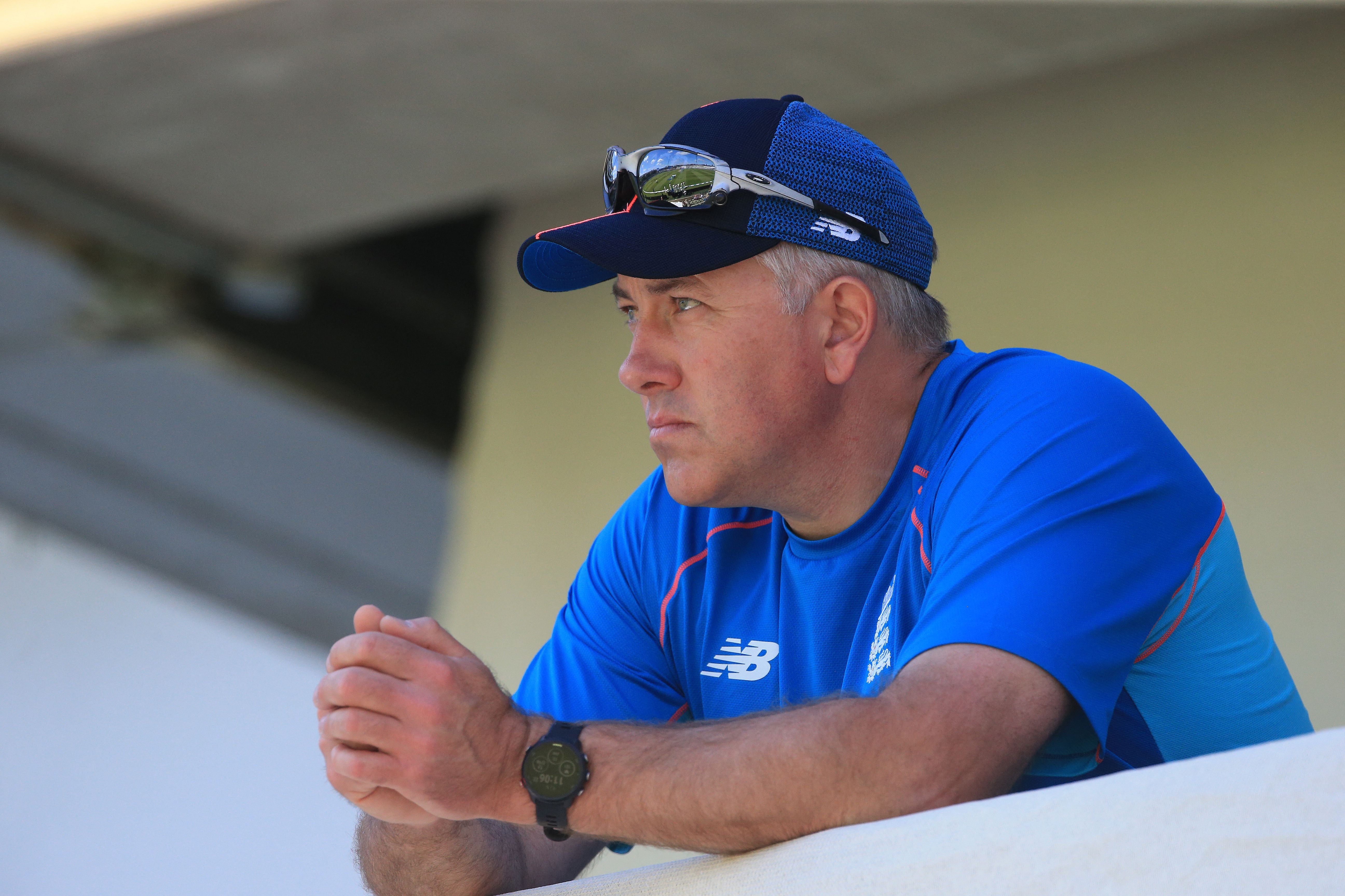 Chris Silverwood watches from the pavilion as England lose to New Zealand