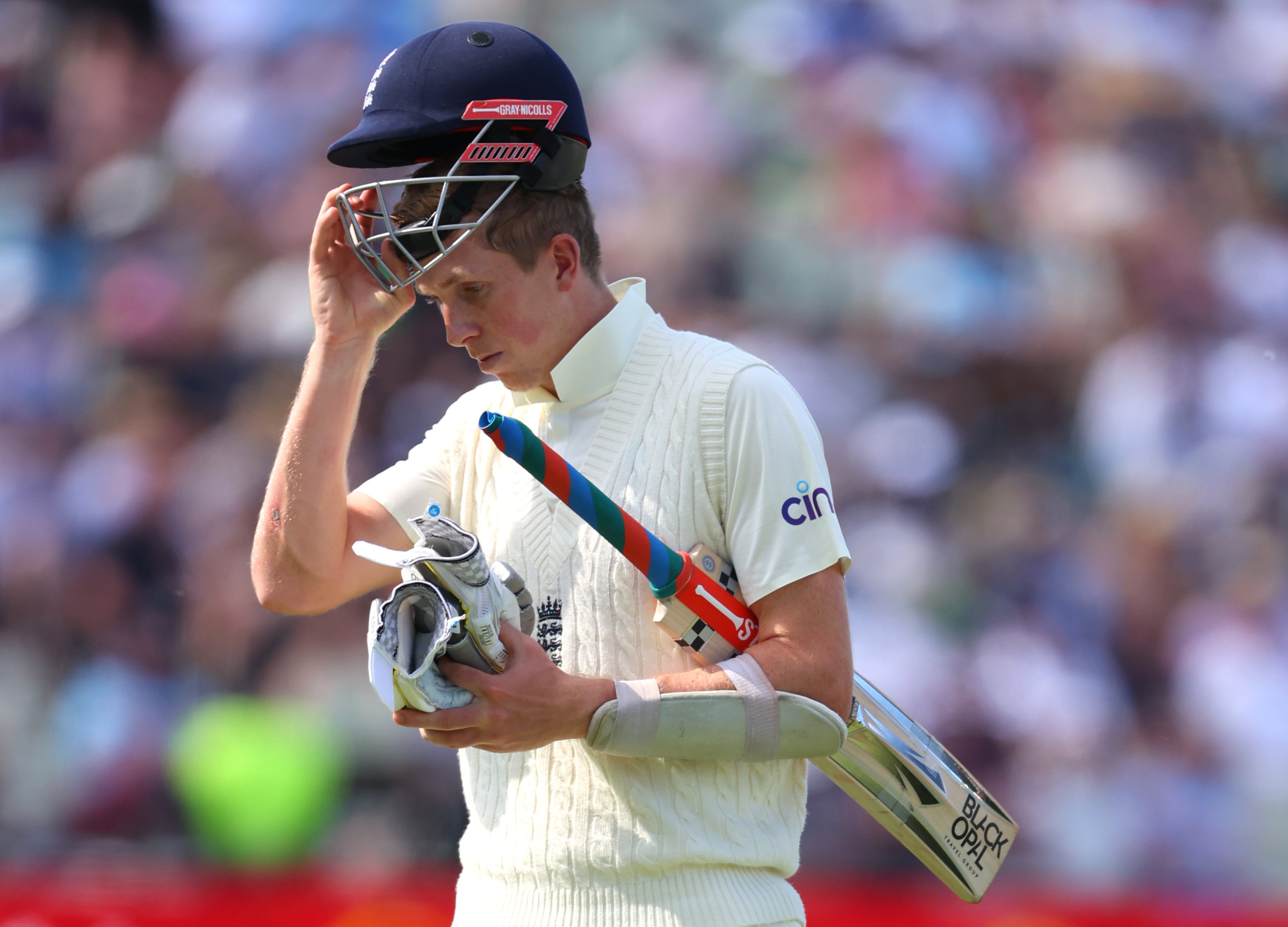 England batsman Zak Crawley walks off dejectedly after being dismissed