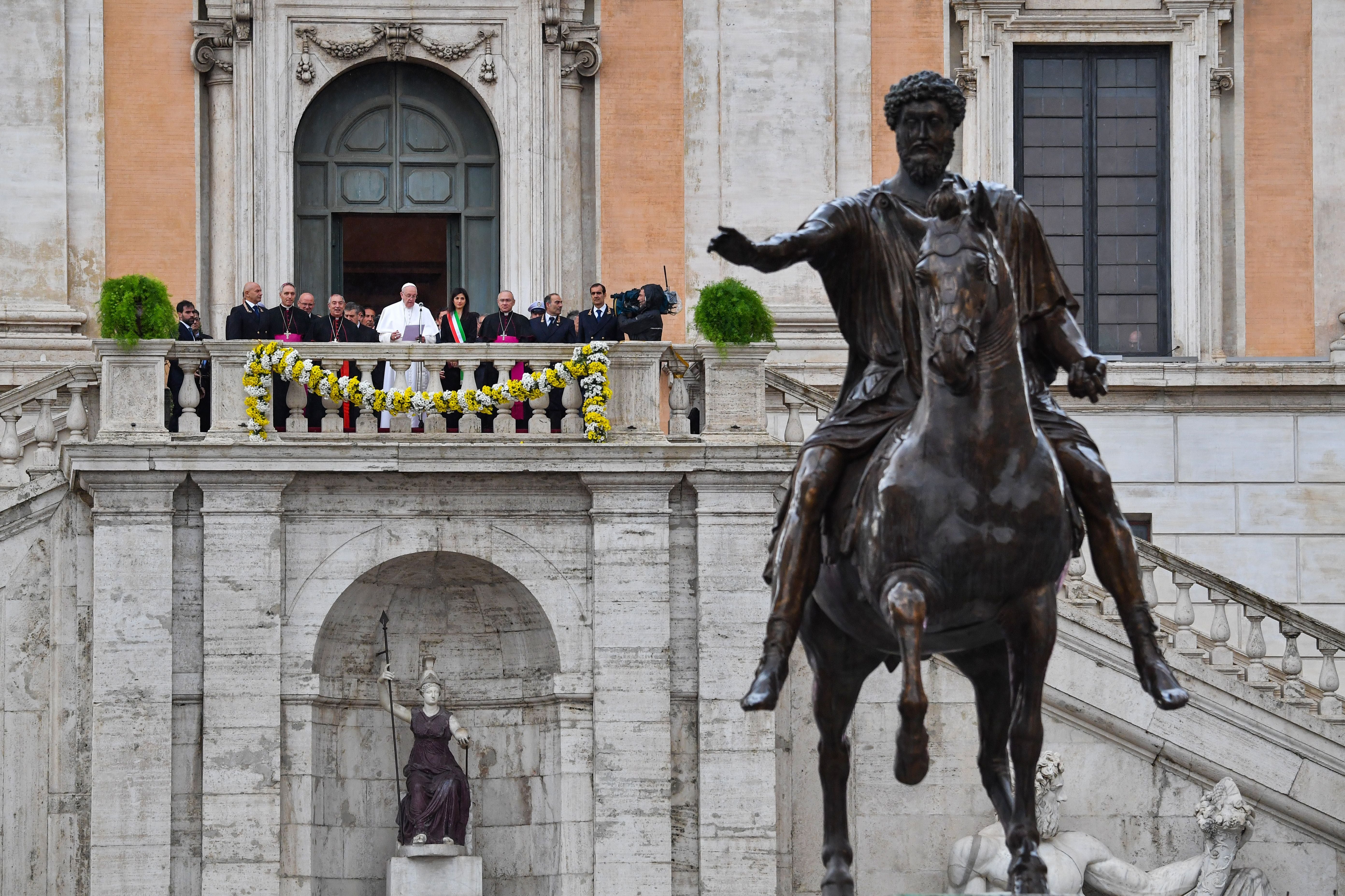 An equestrian statue of Marcus Aurelius on Capitoline Hill, Rome