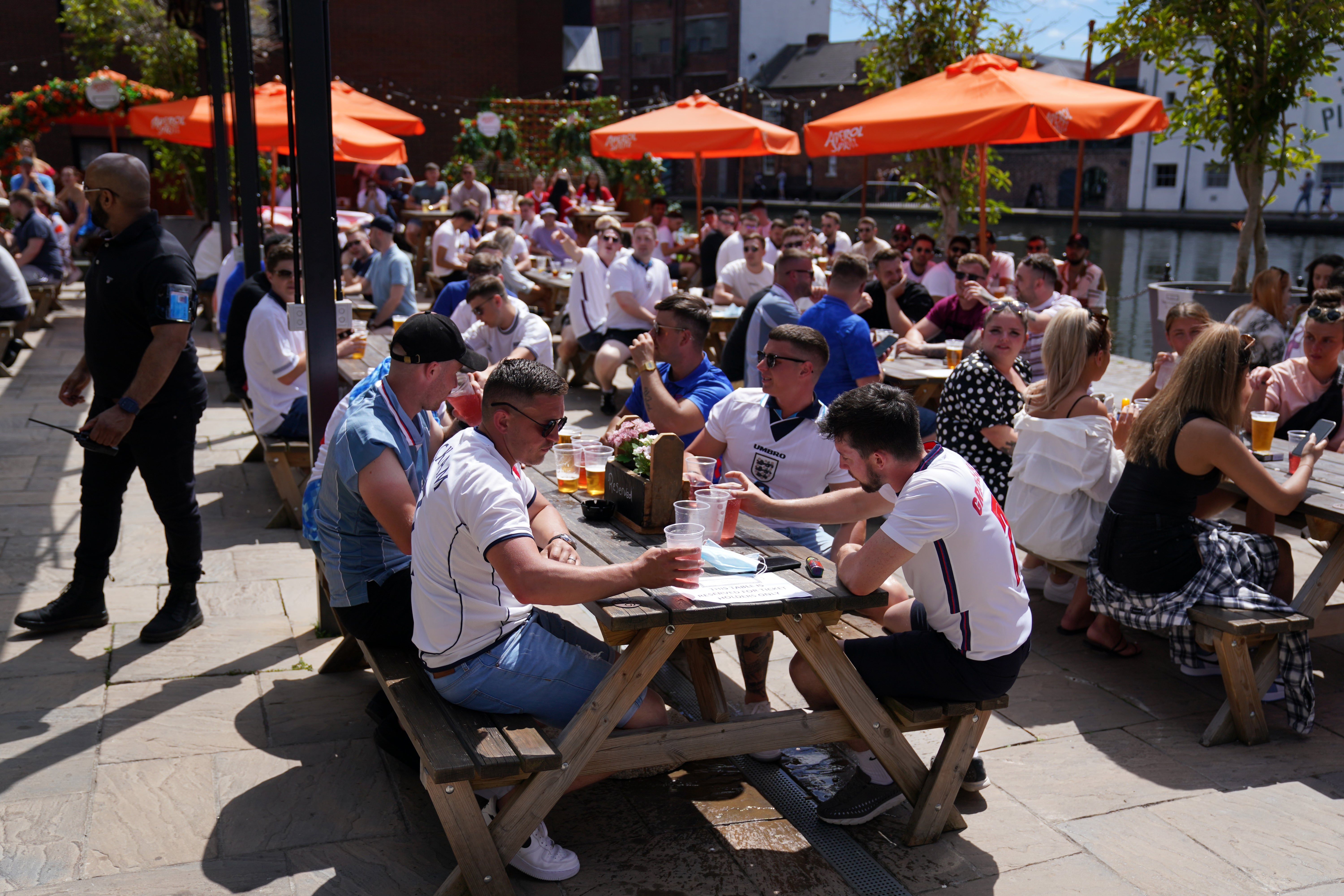 England fans at the Canal House pub in Birmingham as they watch the match between England and Croatia (Jacob King/PA)