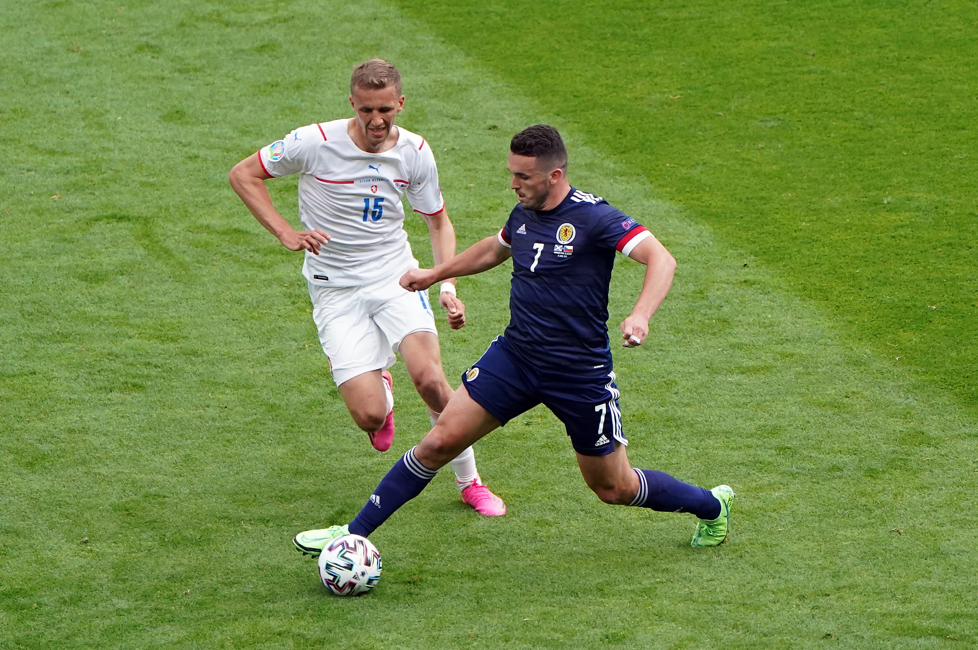 Scotland's John McGinn battles with the Czech Republic’s Tomas Soucek