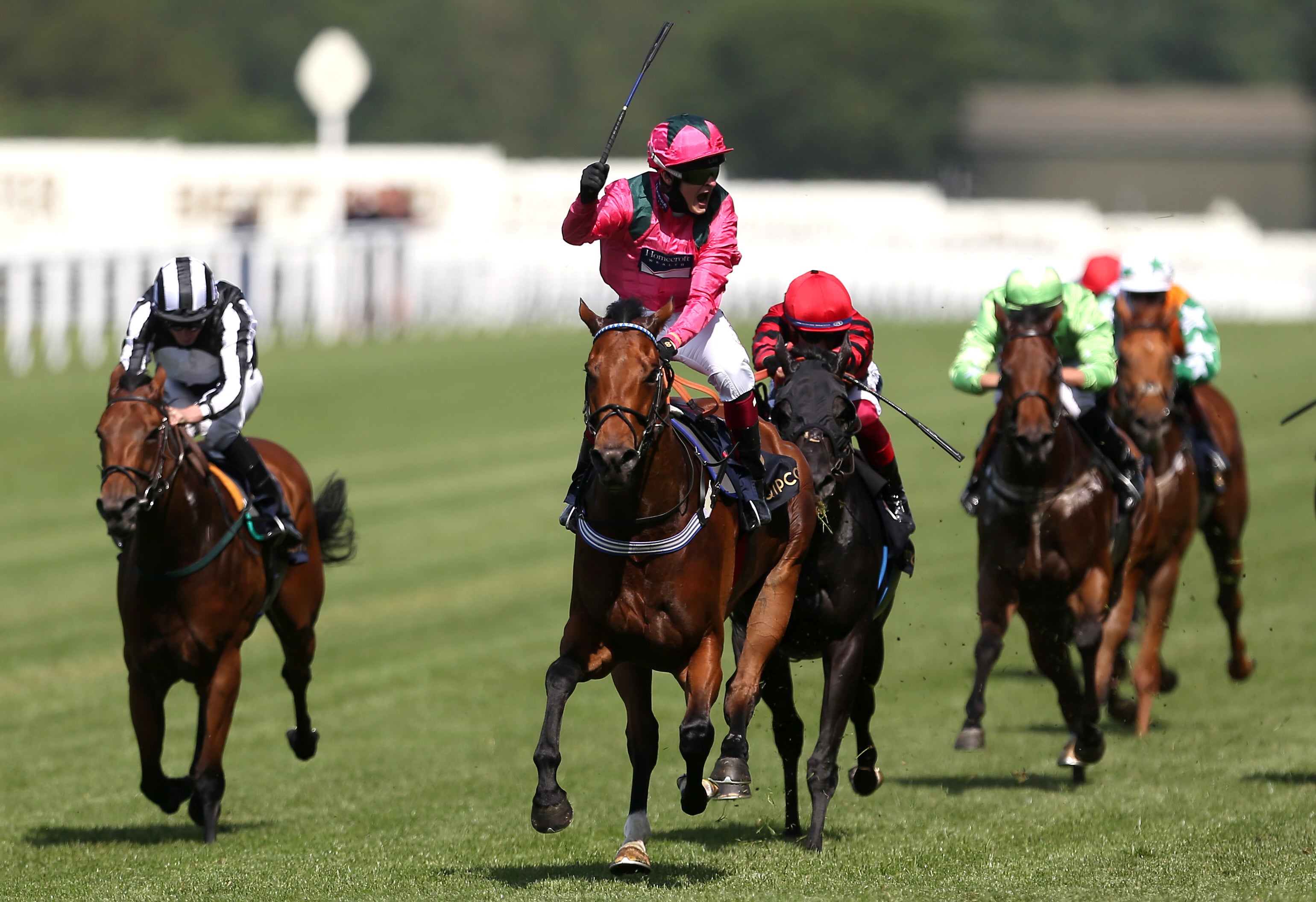 Oxted ridden by jockey Cieren Fallon celebrates winning the King’s Stand