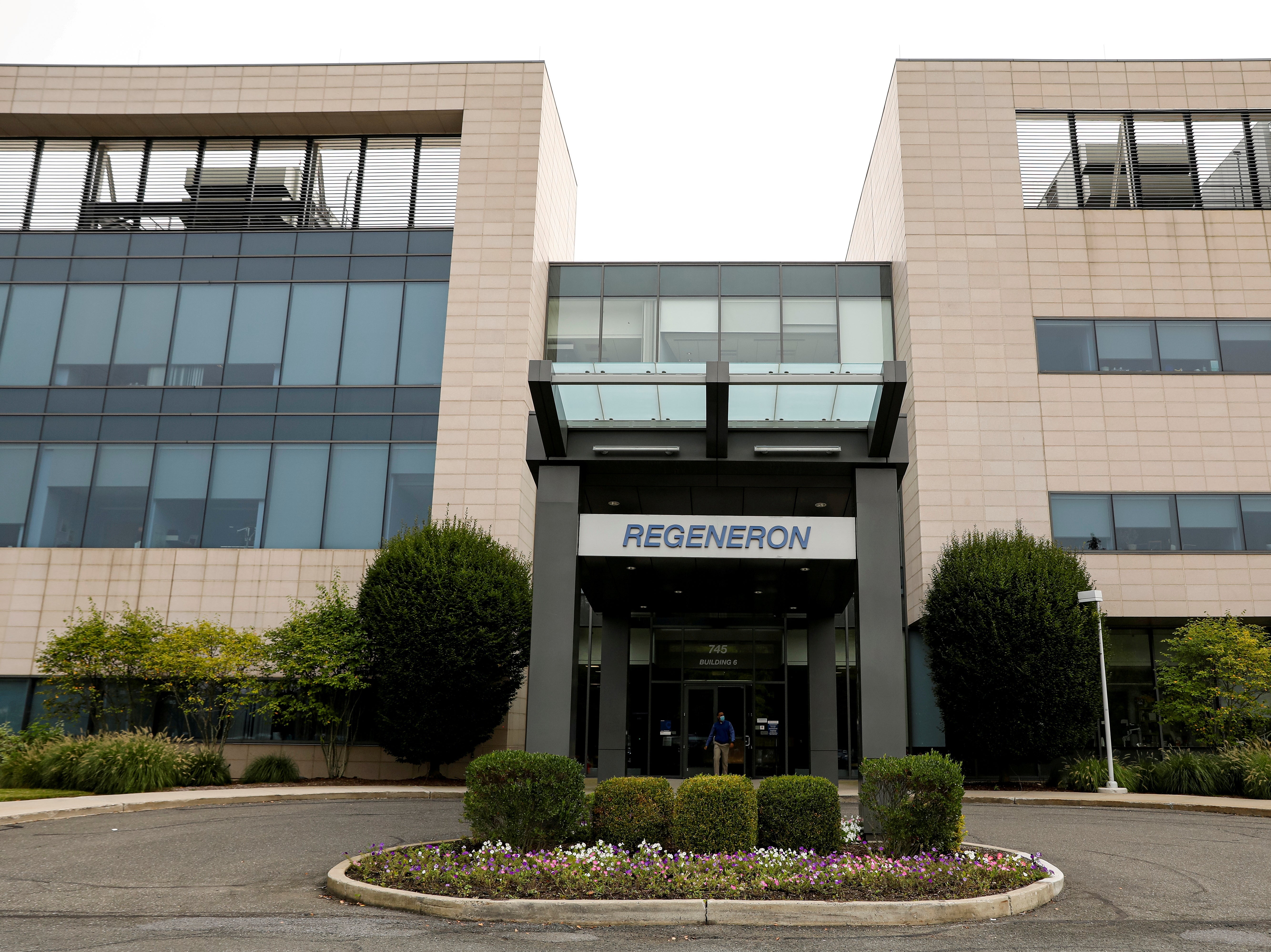 The Regeneron Pharmaceuticals company logo is seen on a building at the company’s Westchester campus in Tarrytown, New York