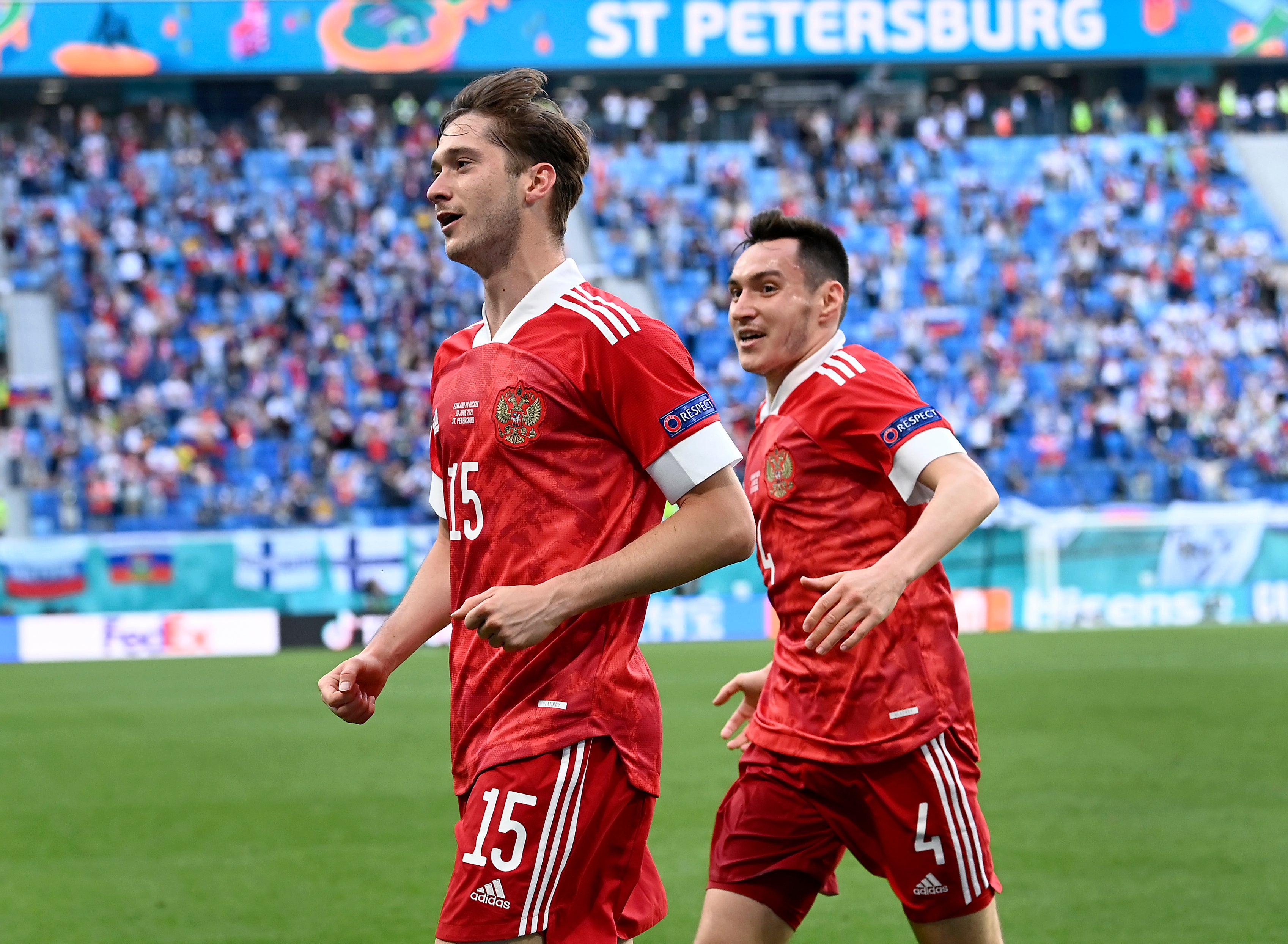 Russia’s Aleksei Miranchuk, front, celebrates after scoring the winner against Finland