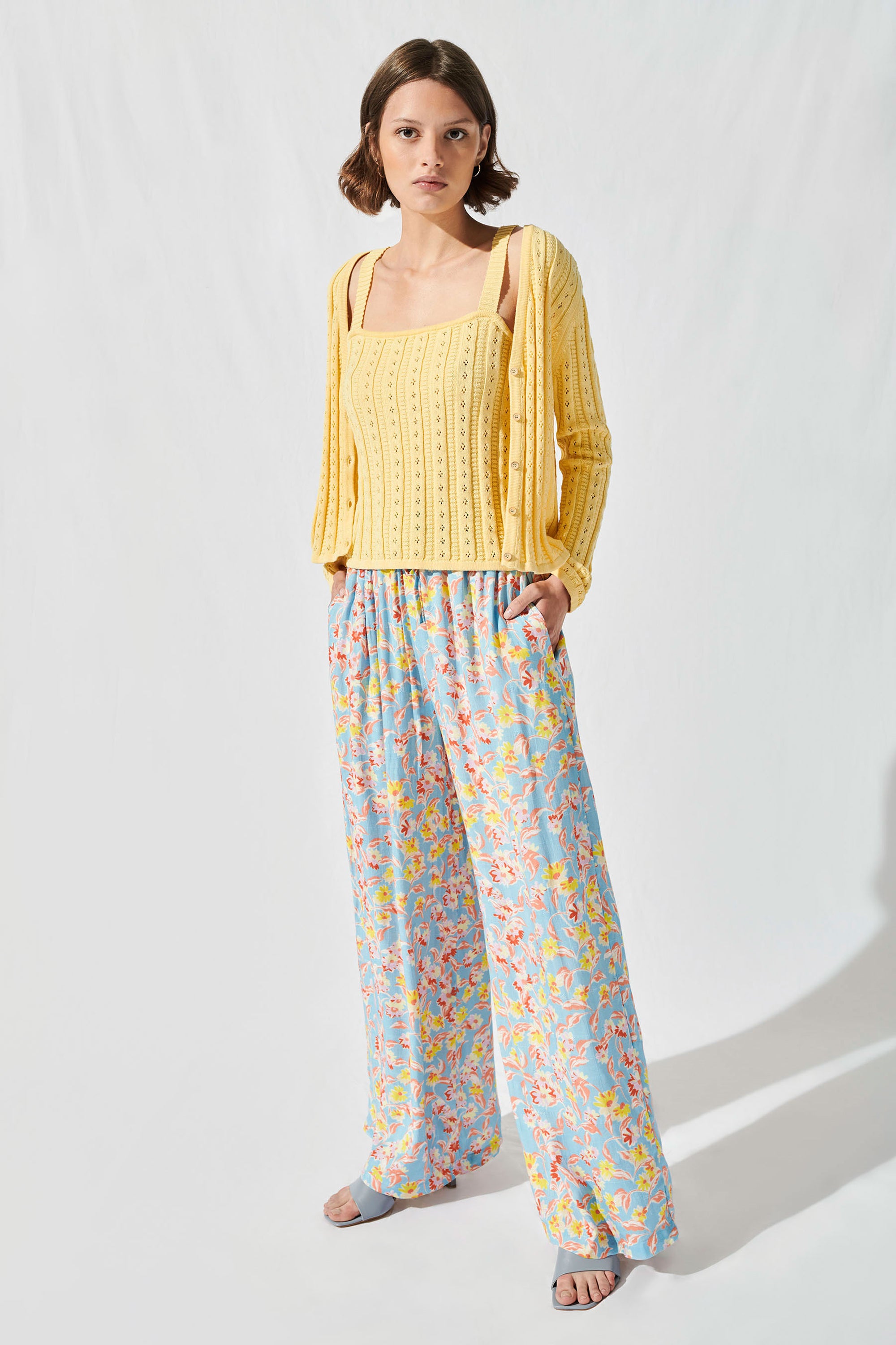 Omnes Knitted Button Front Cardigan Buttermilk; Knitted Pointelle Cami Top Buttermilk; Wide Leg Trousers in Blue Daisy