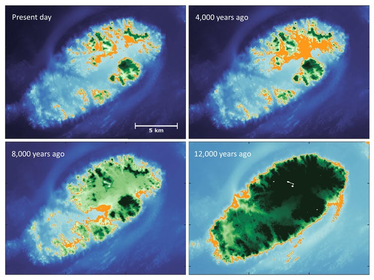 The Isles of Scilly – then and now – showing land (green), water (blue, darker for deeper water) and the intertidal zone (orange)