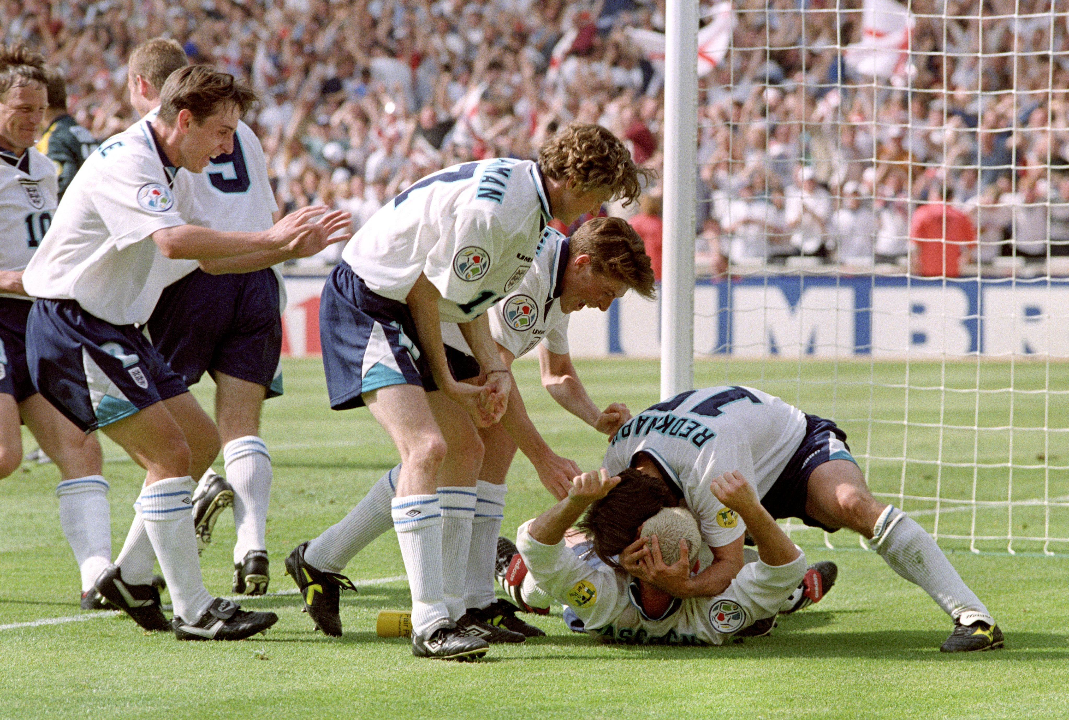 Paul Gascoigne celebrates his goal against Scotland