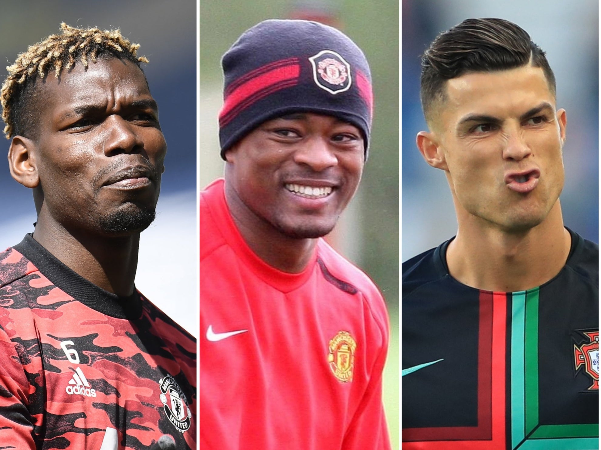 Patrice Evra, centre, poked fun at Paul Pogba, left, and Cristiano Ronaldo, right