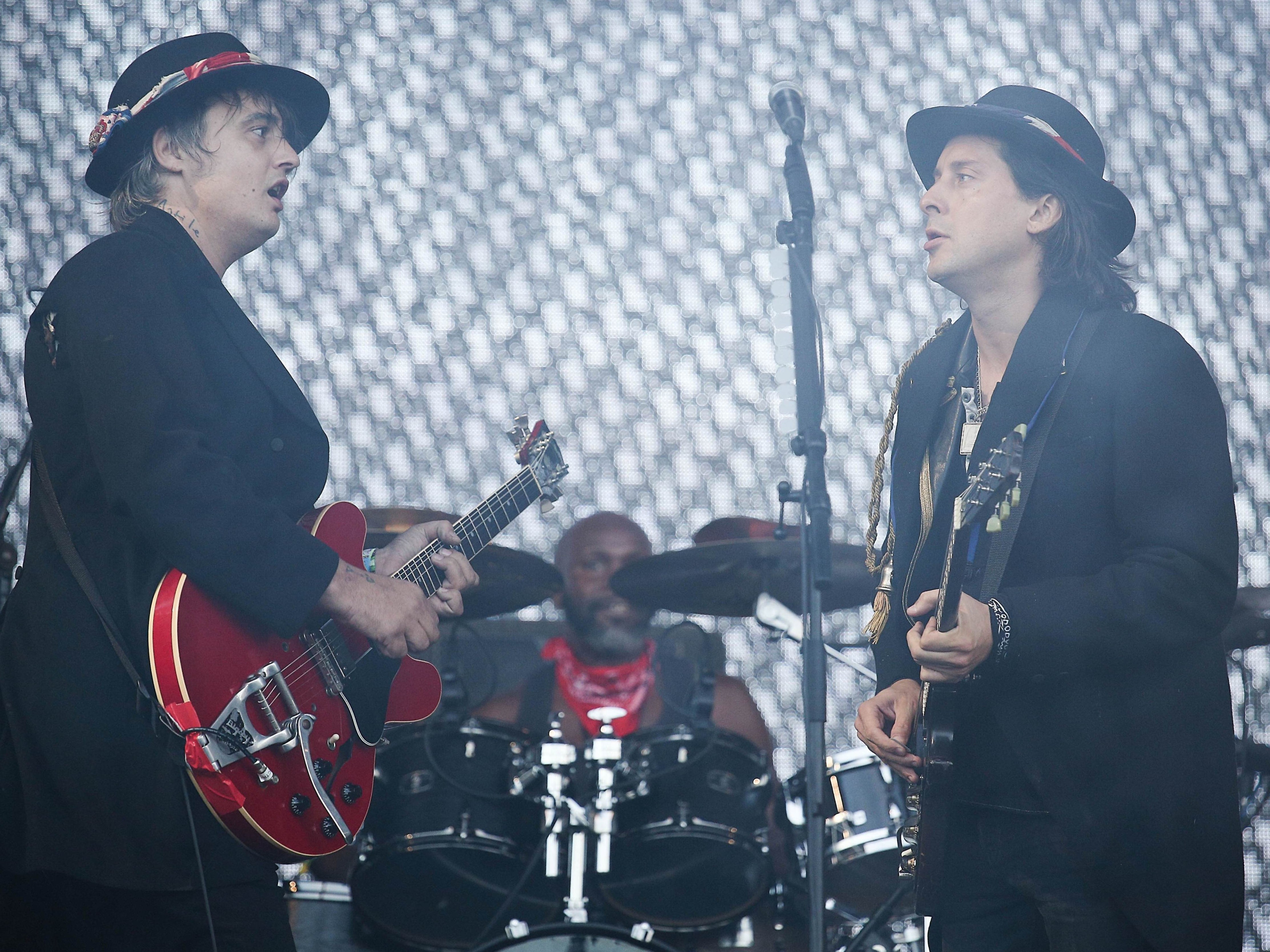 ‘Best seat in the house’: Powell with Doherty (left) and Barat on the Pyramid Stage at Glastonbury Festival, 2015