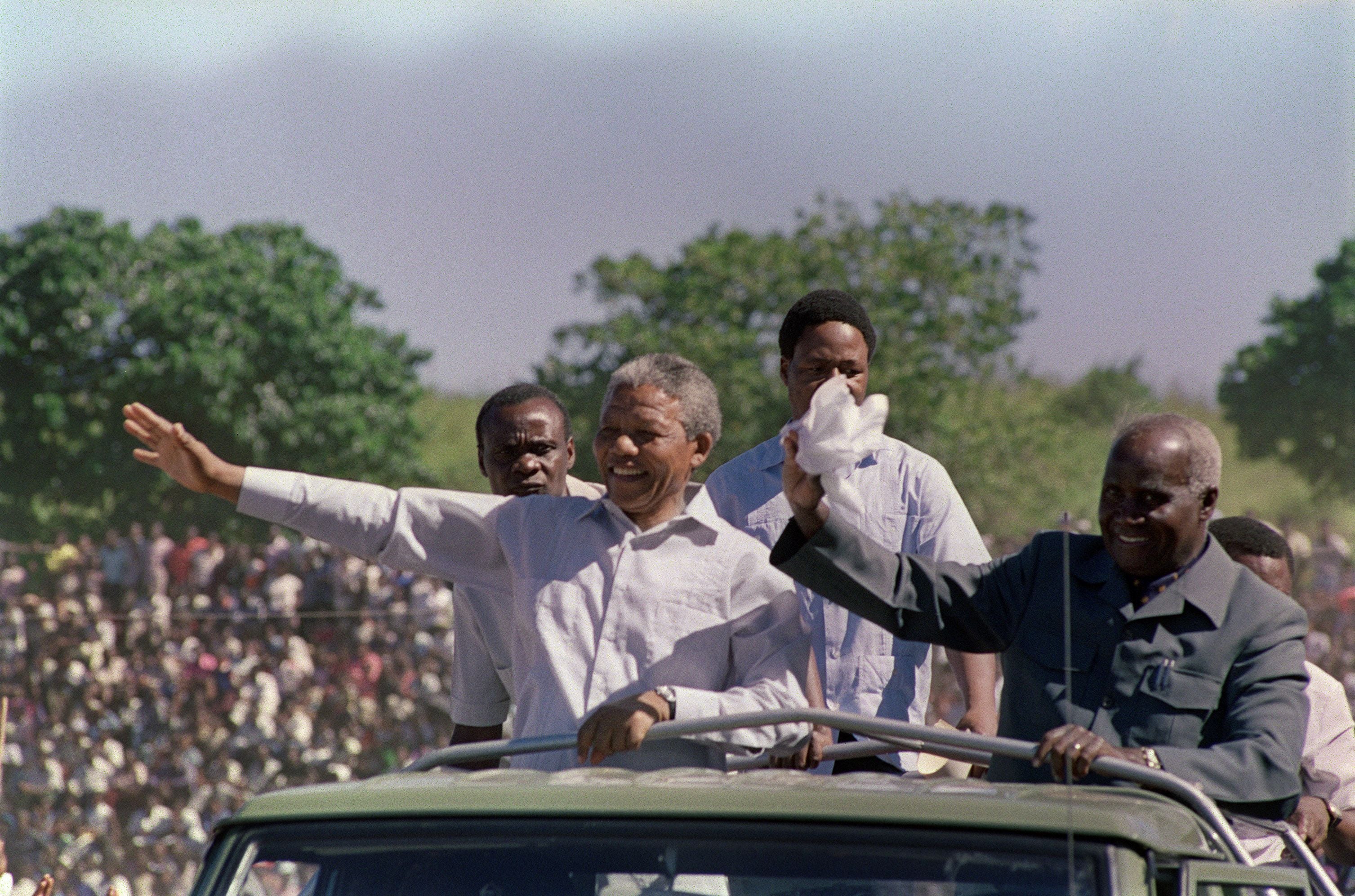 Nelson Mandela and Kenneth Kaunda in Lusaka, Zambia, in 1990