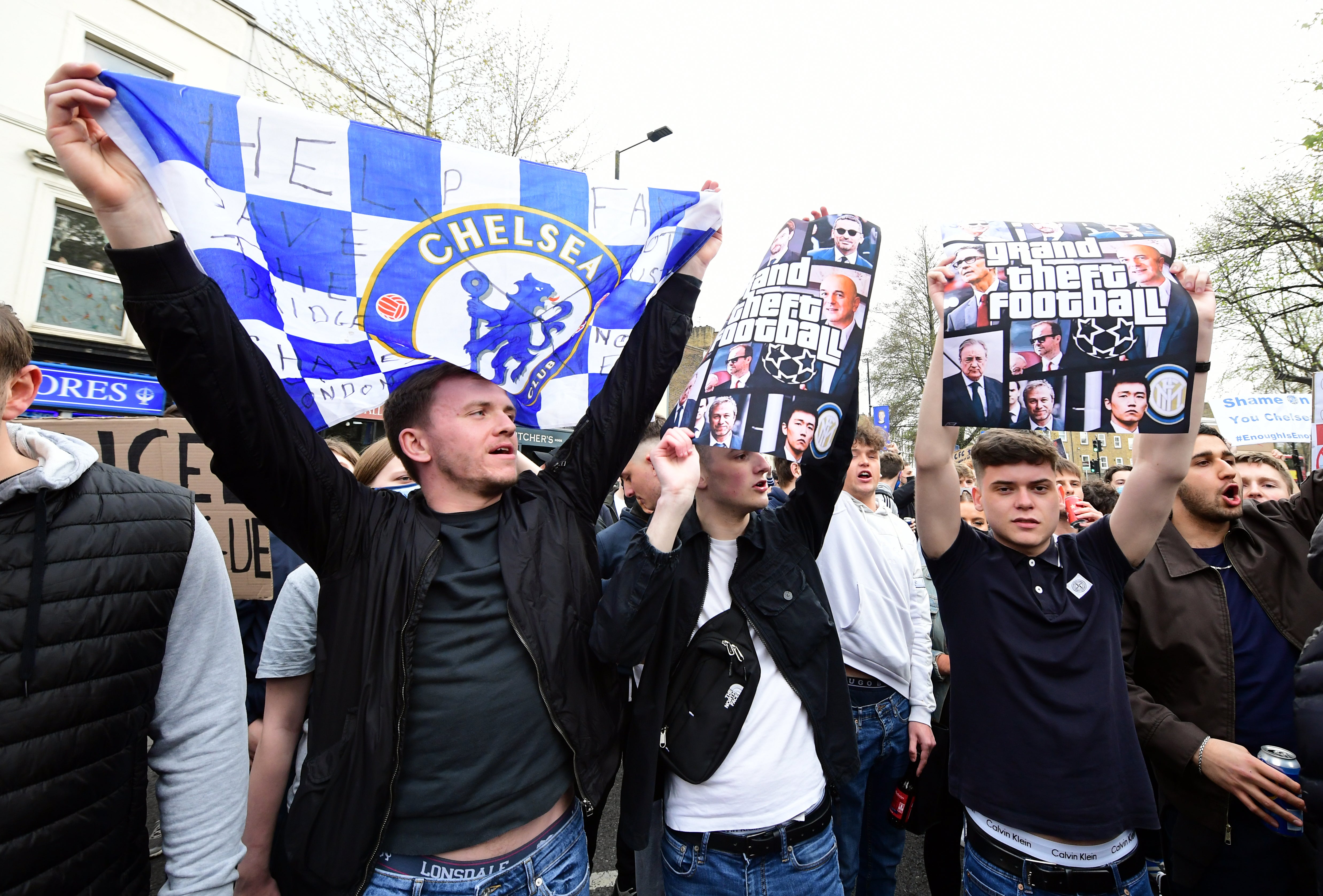 Chelsea fans protesting against the Super League in April