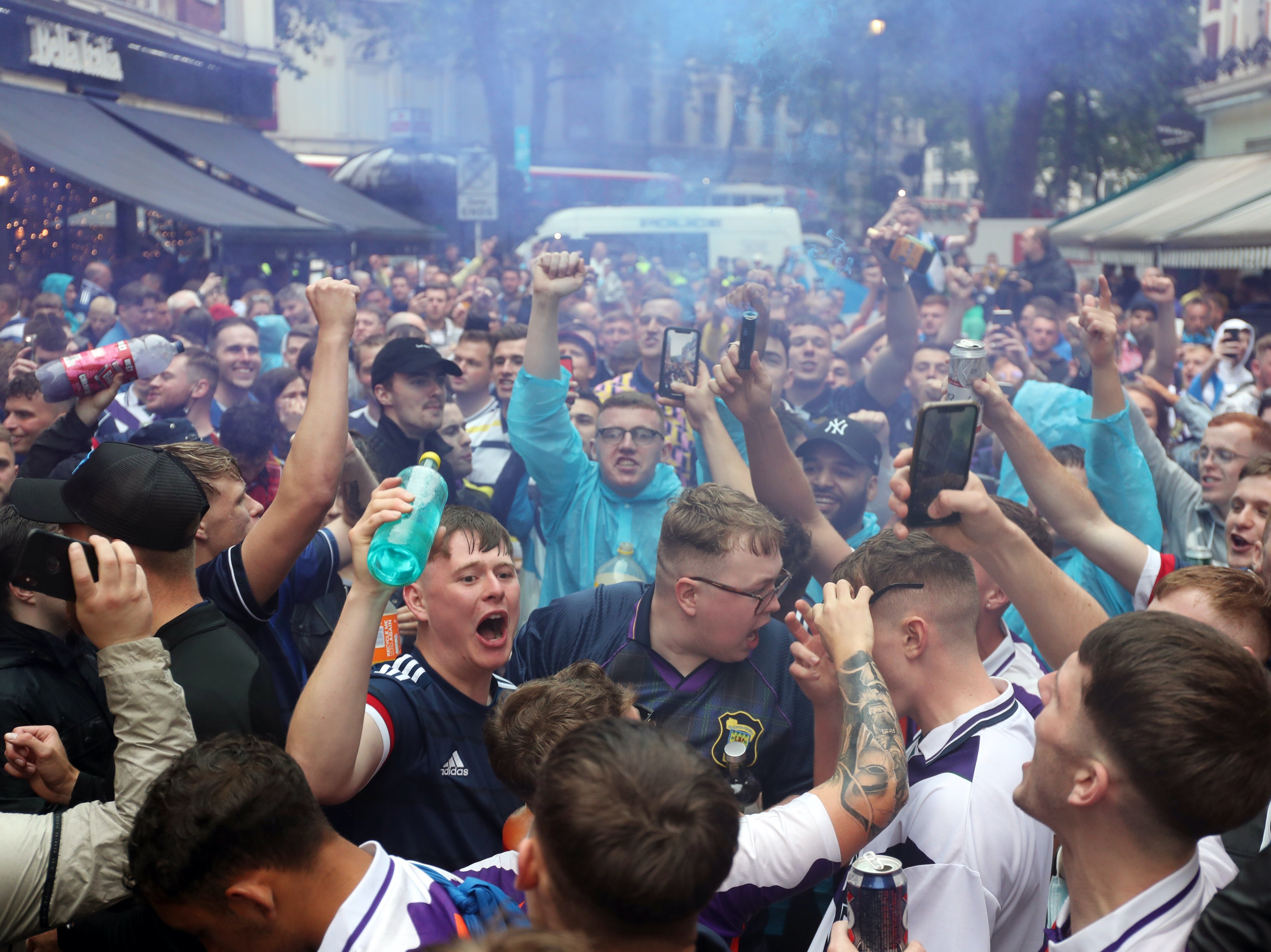 Scotland fans gather in Leicester Square shortly before kick off