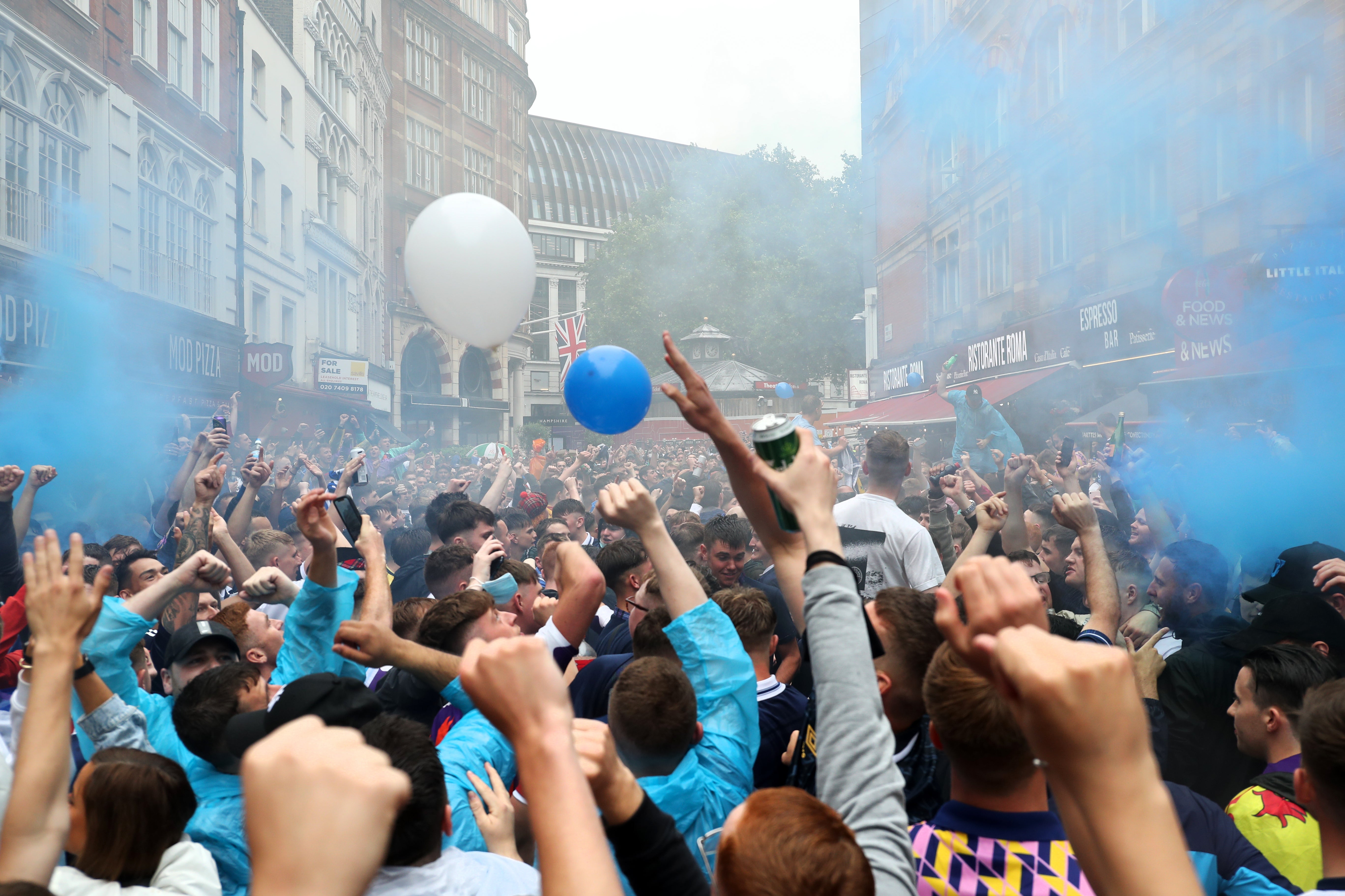 Scotland fans gather in Leicester Square before the UEFA Euro 2020 match between England and Scotland later tonight