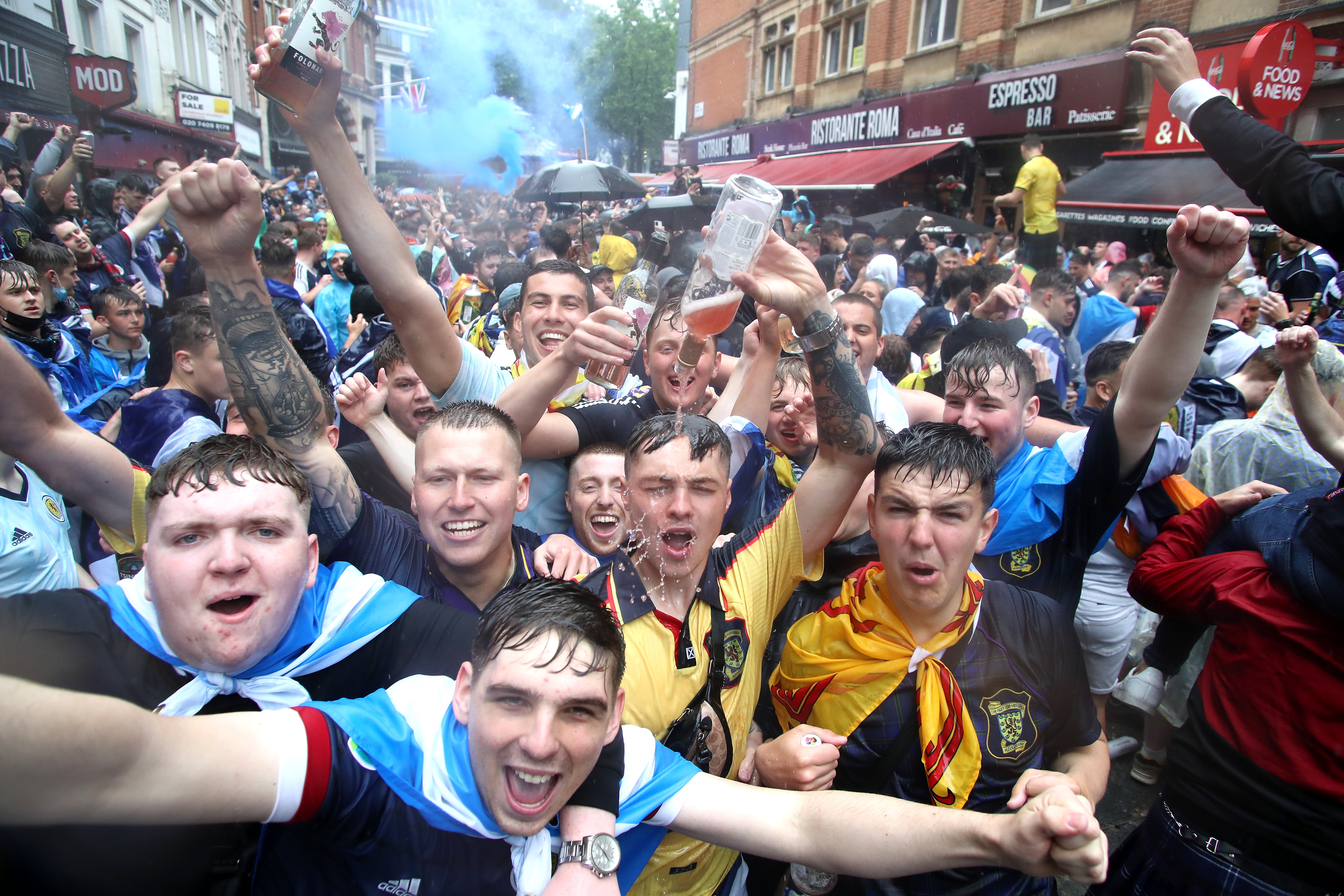 Scotland fans gather in Leicester Square before the UEFA Euro 2020 match between England and Scotland later tonight