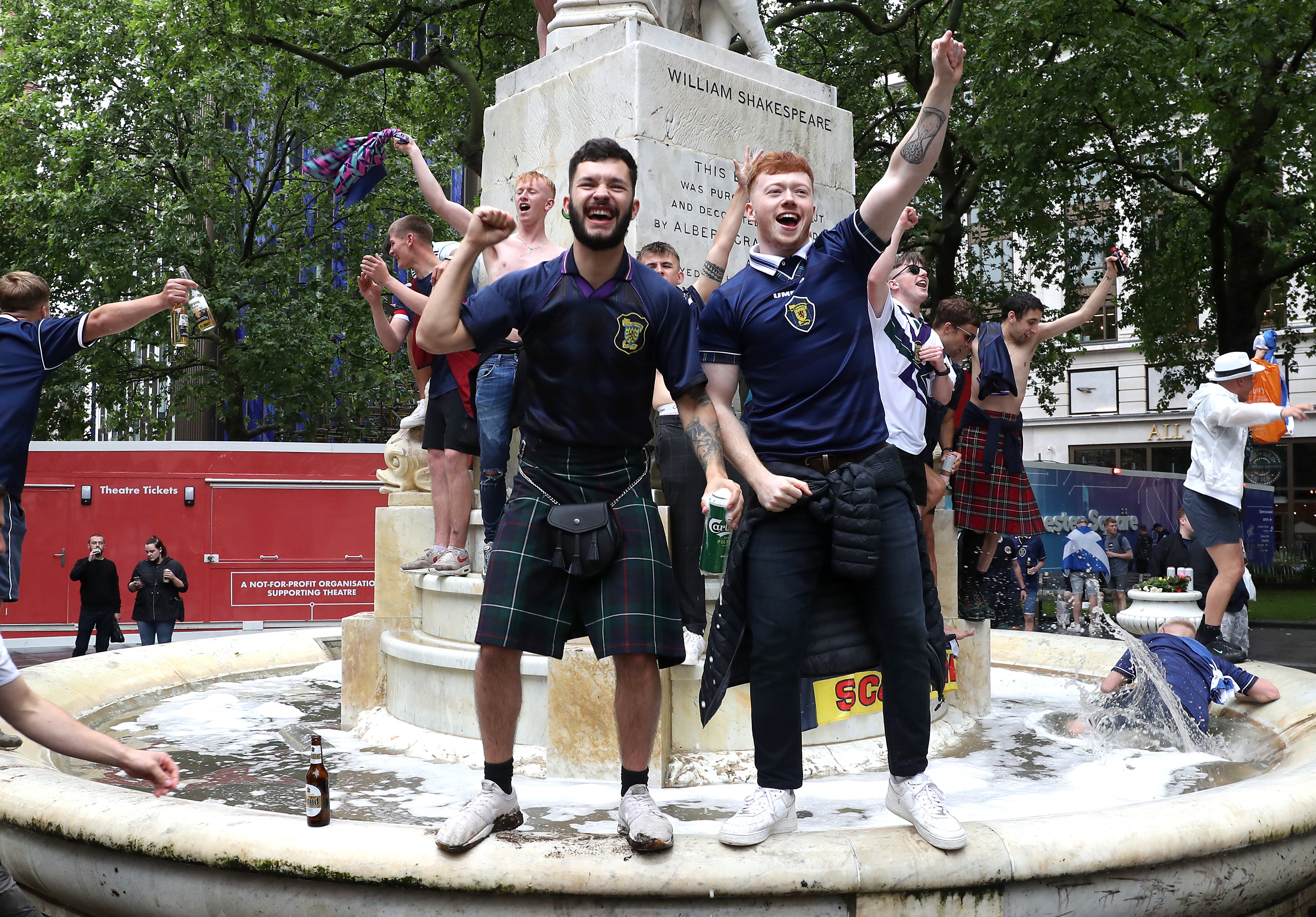 Some of the capital’s fountains were filled with bubbles by fans.