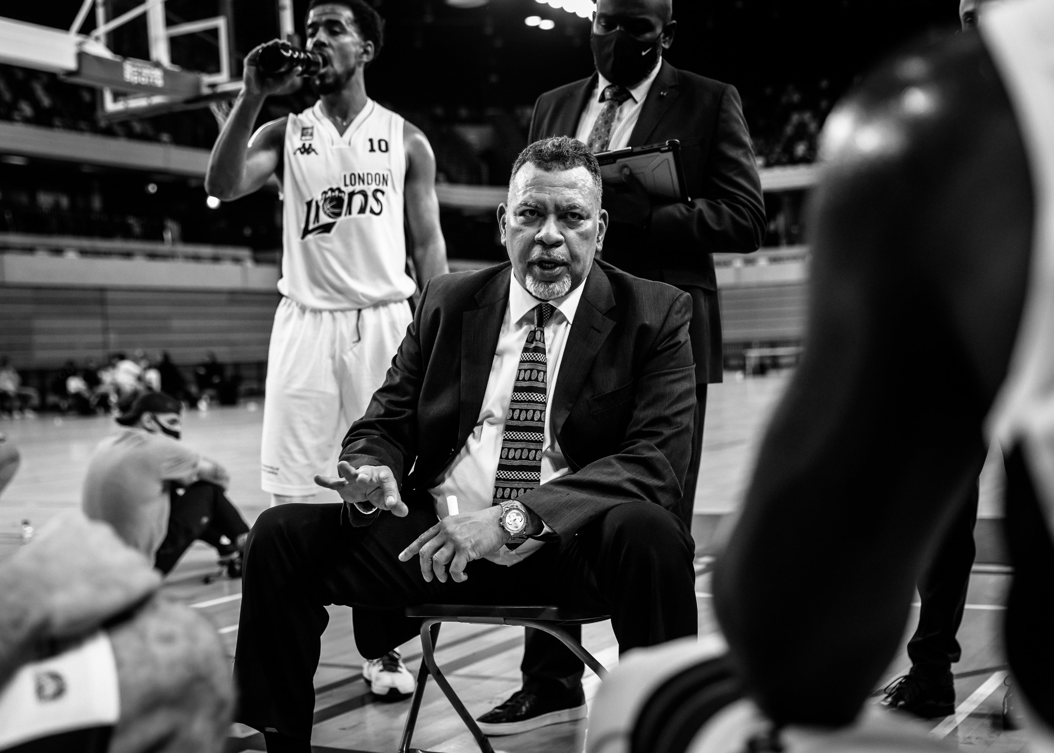 London Lions head coach Vince Macaulay gives a team talk