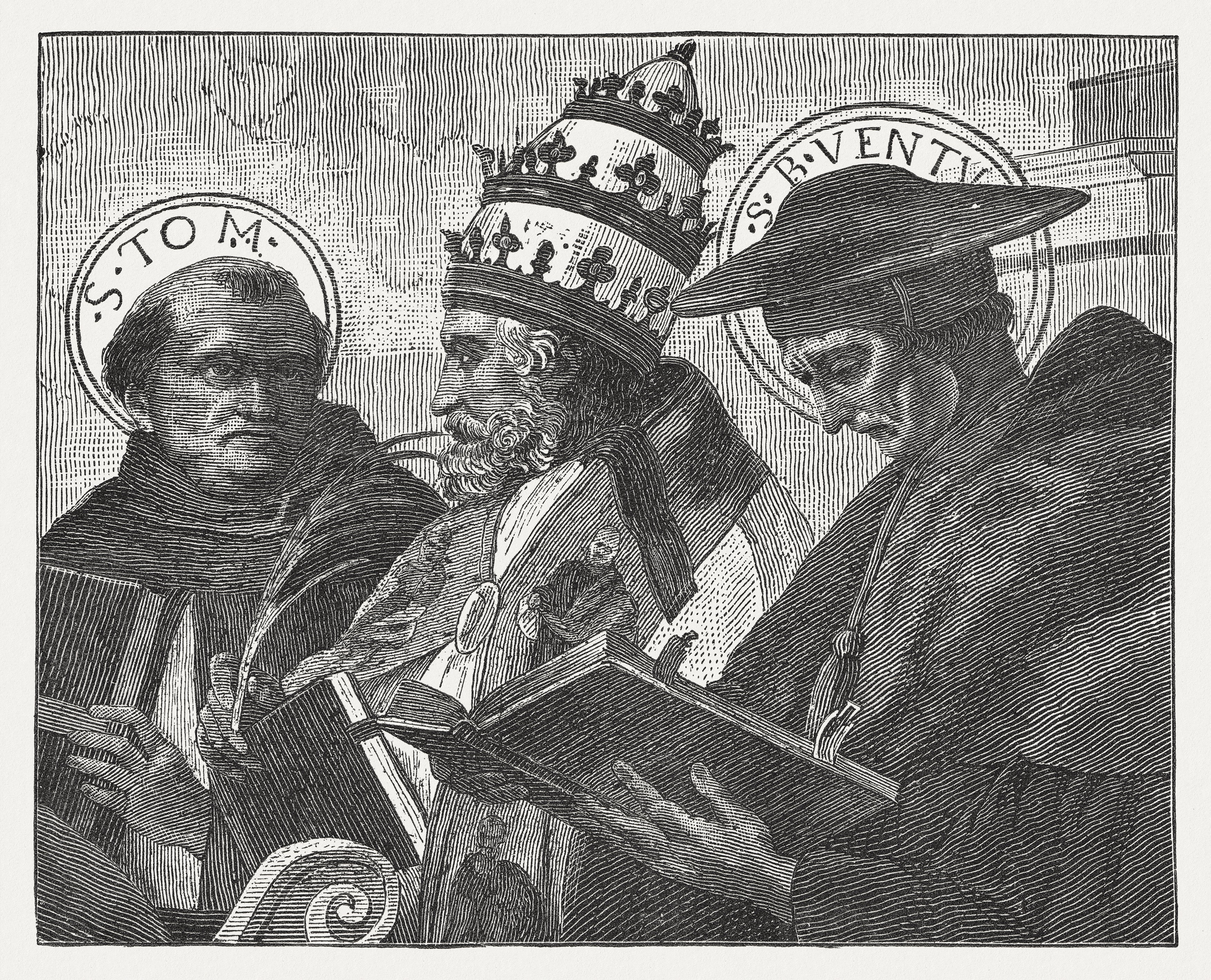 Holy trinity: a depiction, after Raphael, of St Thomas Aquinas, Pope Innocent III and St Bonaventure