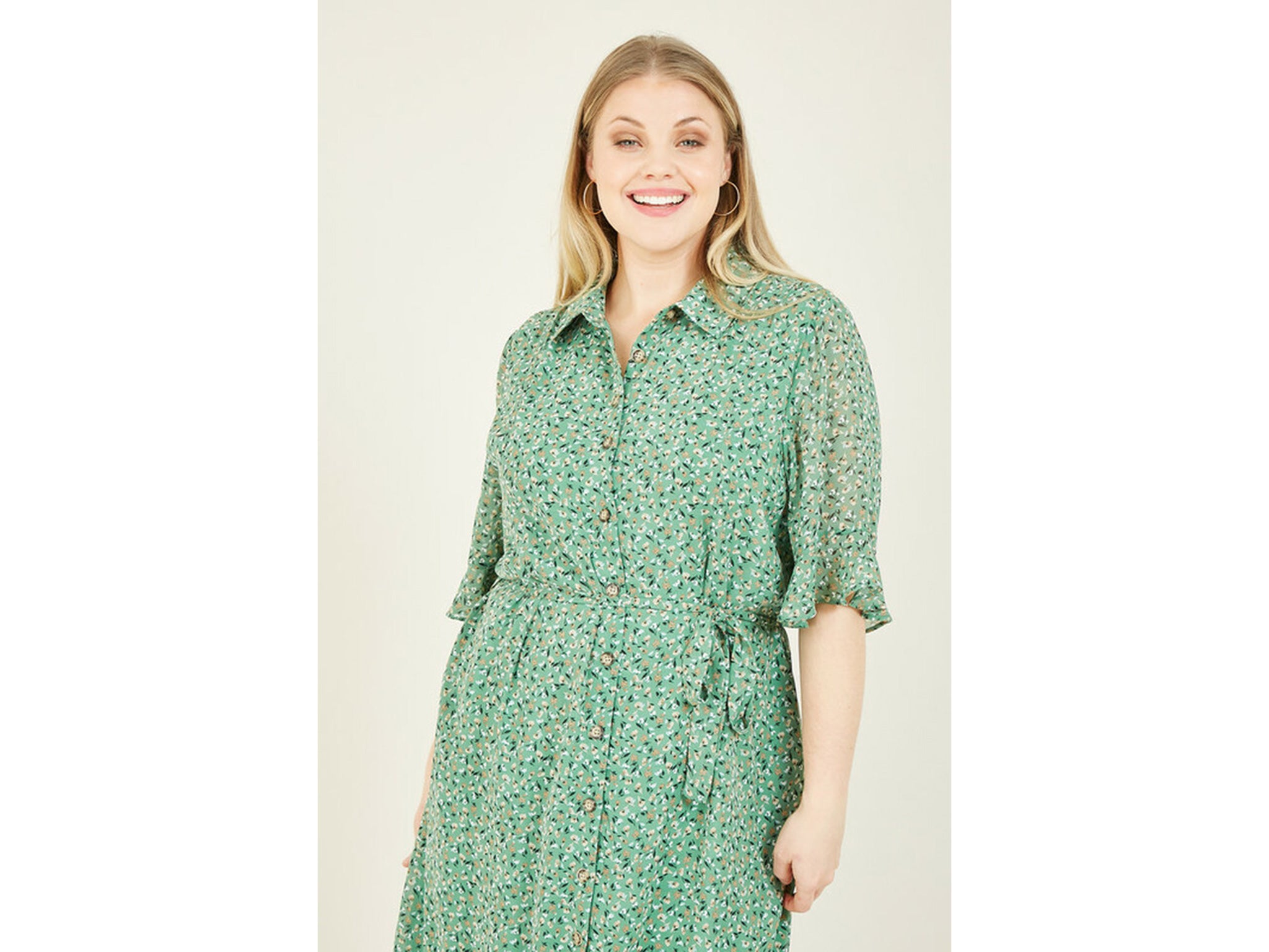 Yumi Green Plus Size Ditsy Floral Frill Shirt Dress