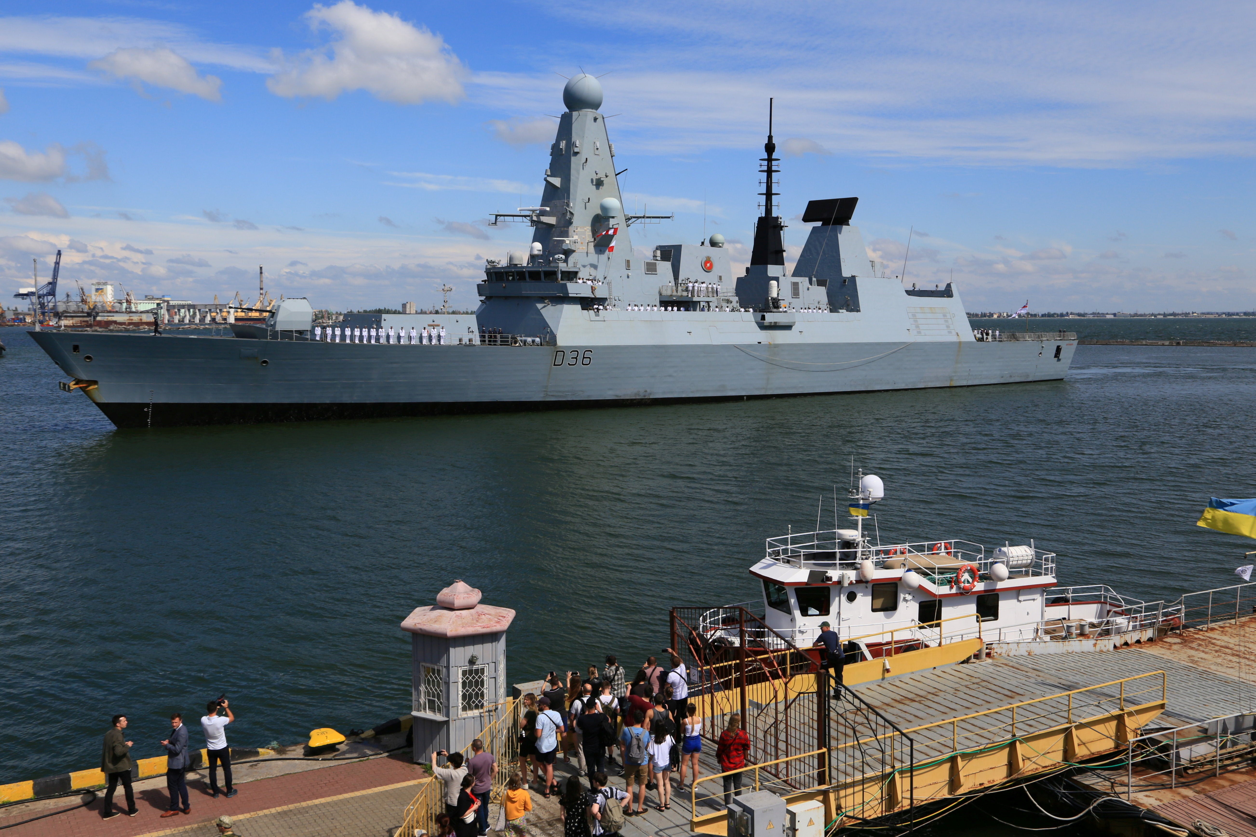 The British royal navy’s type 45 destroyer ‘HMS Defender’ at the Black Sea port of Odessa, Ukraine