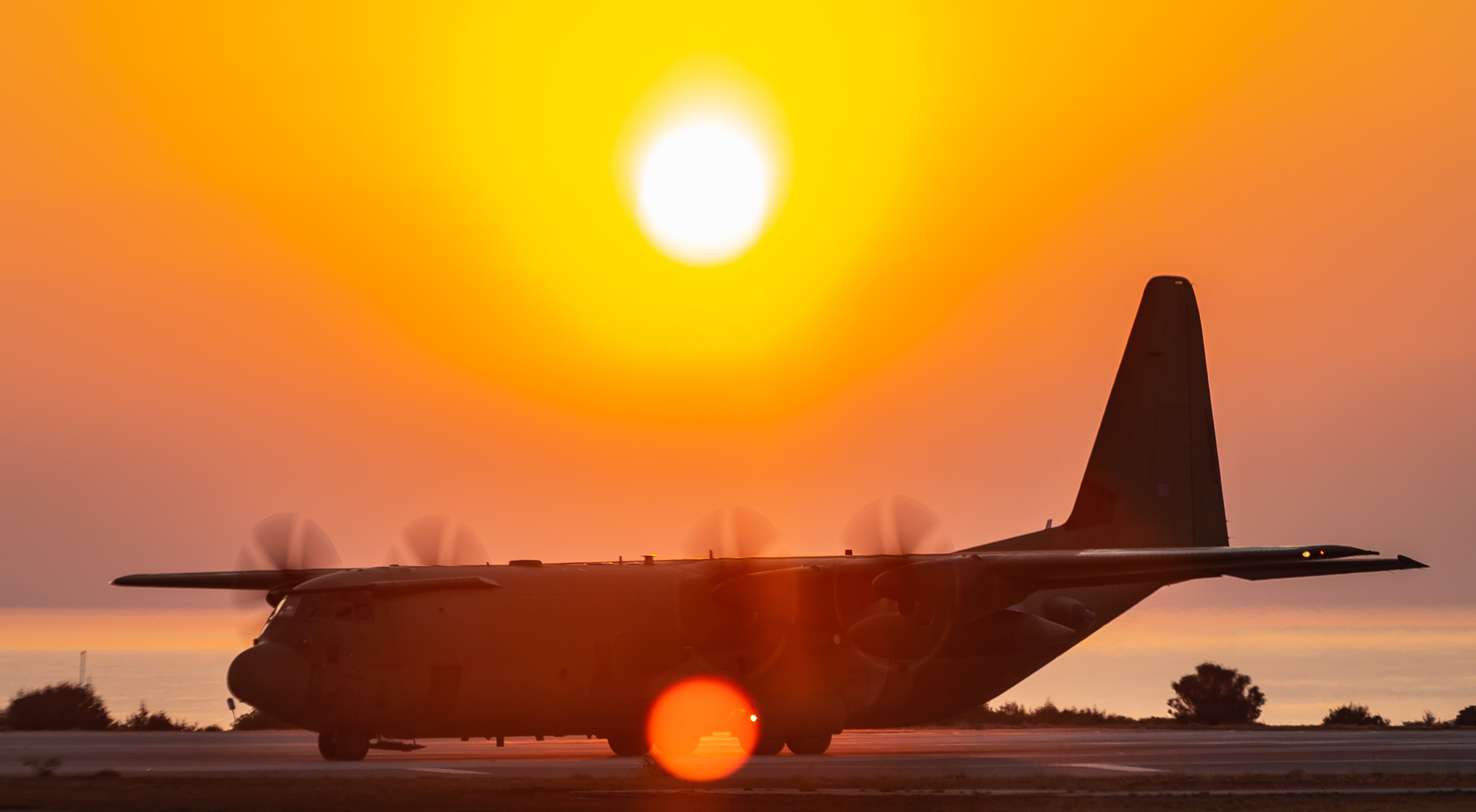 A Royal Air Force C-130J Hercules aircraft supporting the British Army�s 16 Air Assault Brigade on exercise in the Middle East.