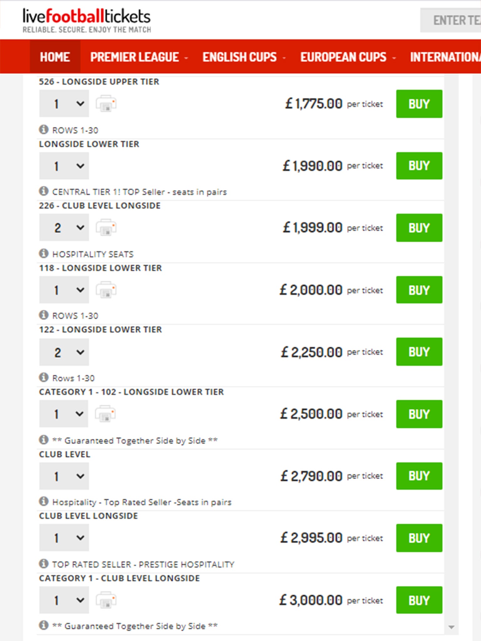 Resale site livefootballtickets listings for the match at Wembley