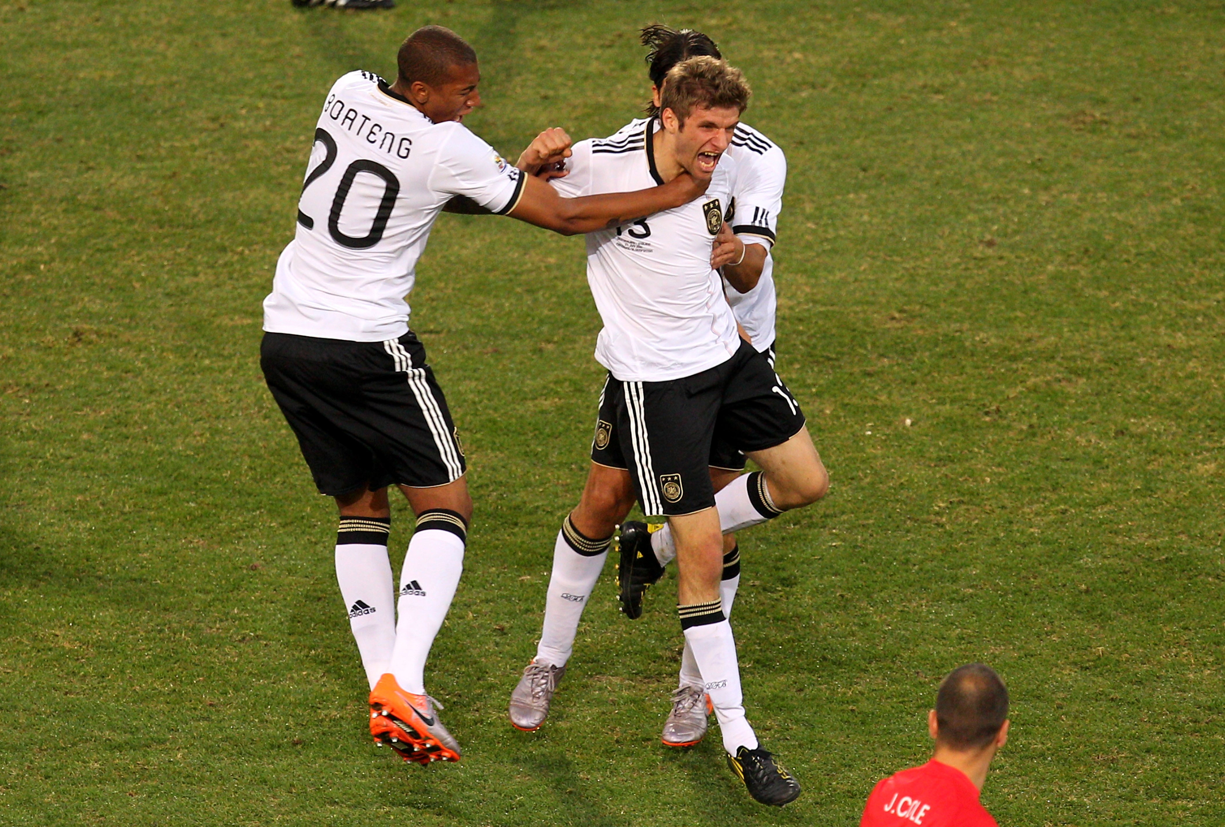 Müller celebrates scoring his side’s third goal against England in Bloemfontein