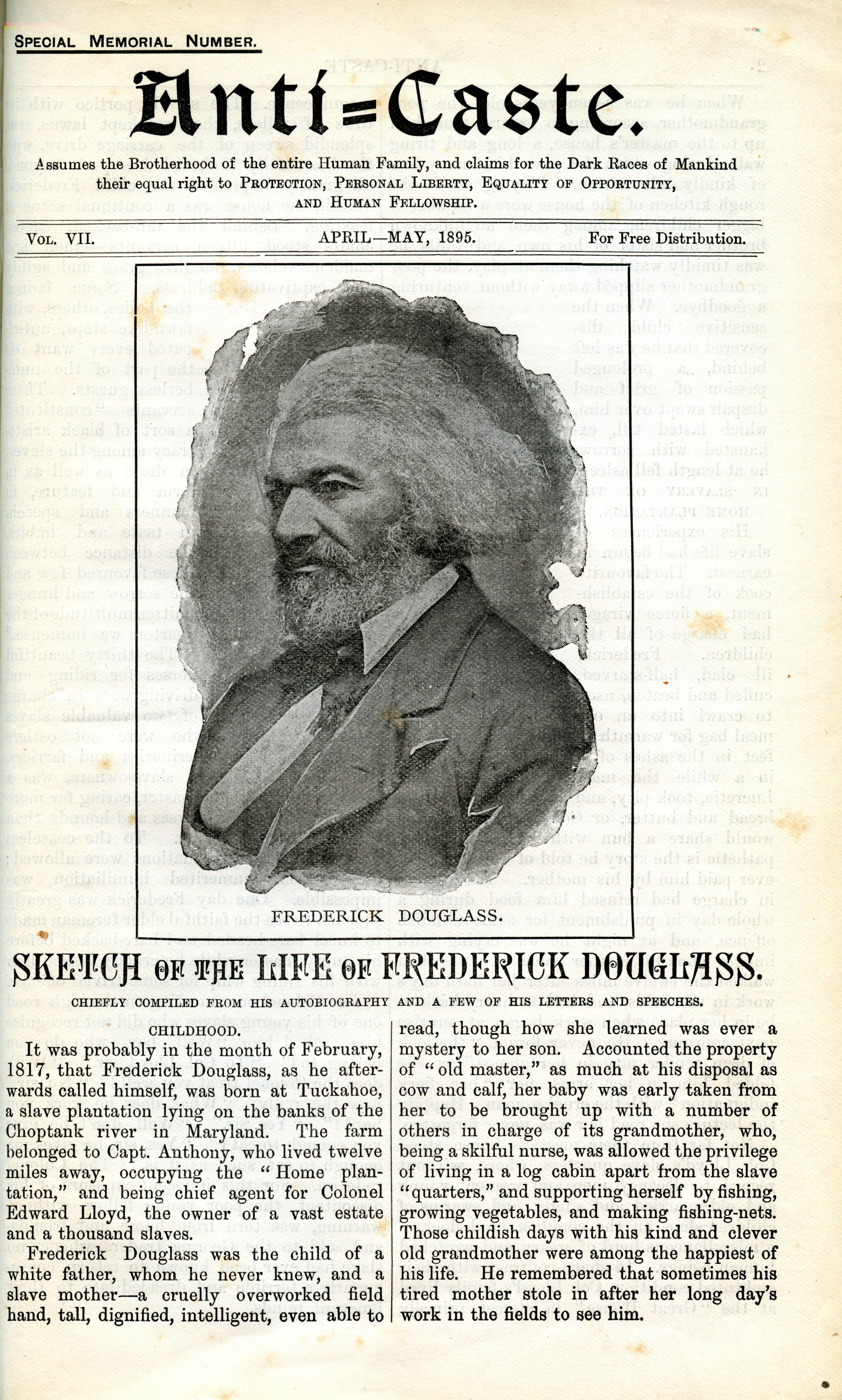 ‘Sketch of the Life of Frederick Douglass’, Anti-Caste , April-May 1895