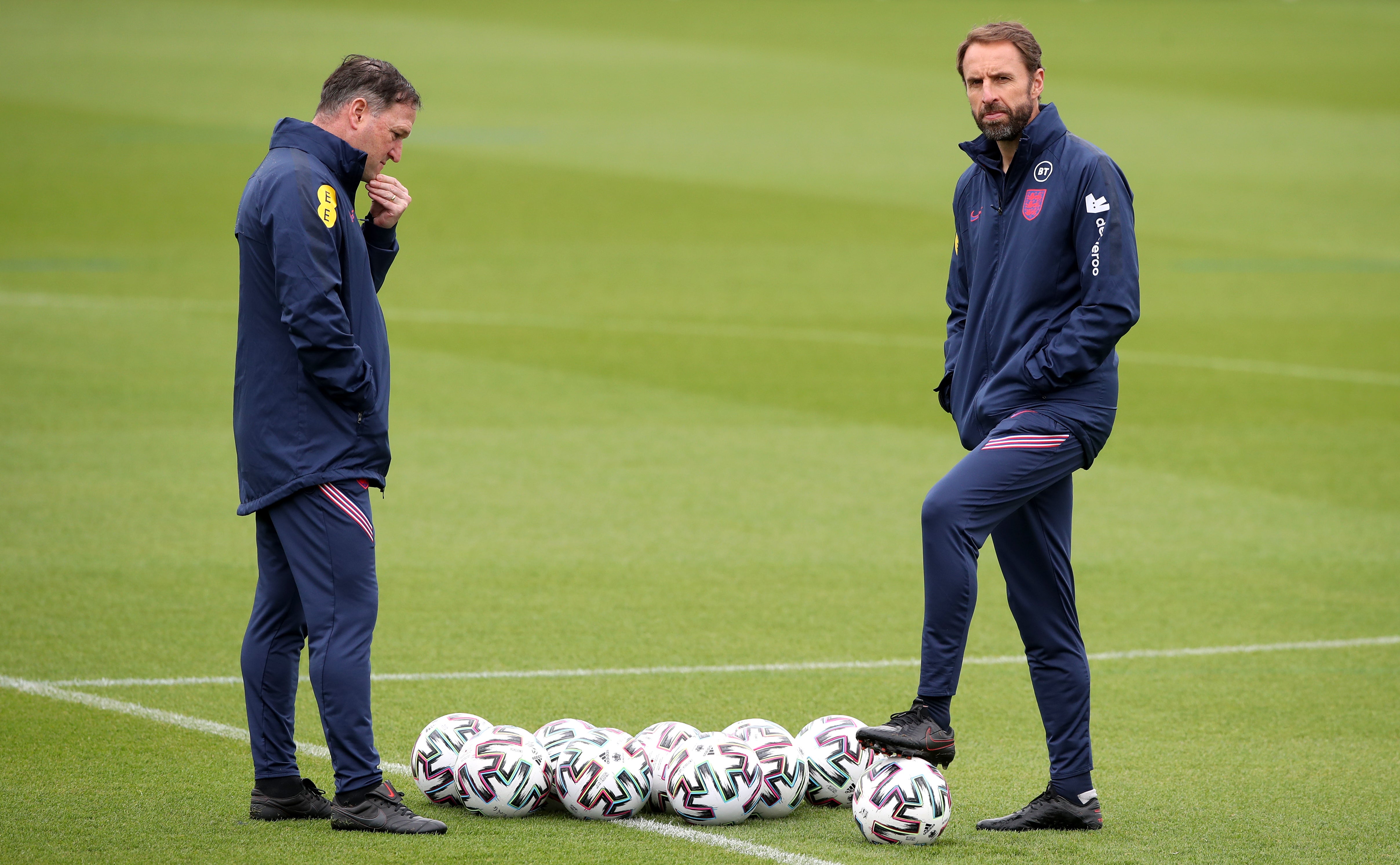 England manager Gareth Southgate (right) and assistant Steve Holland during a training session at St George’s Park