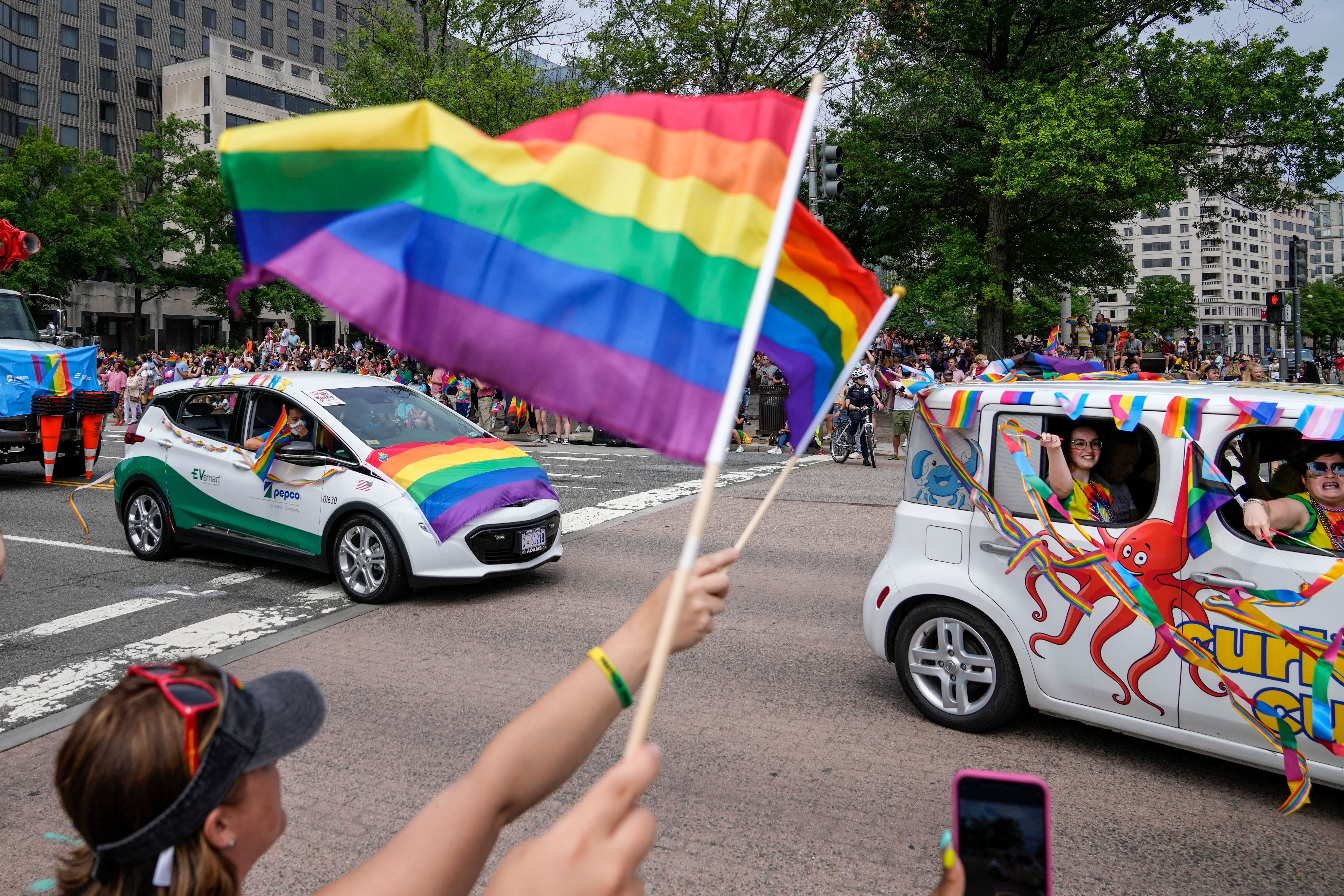 Members and allies of the LGBT+ community cheer on a Pride car parade as it leaves from Freedom Plaza on 12 June, 2021 in Washington, DC.