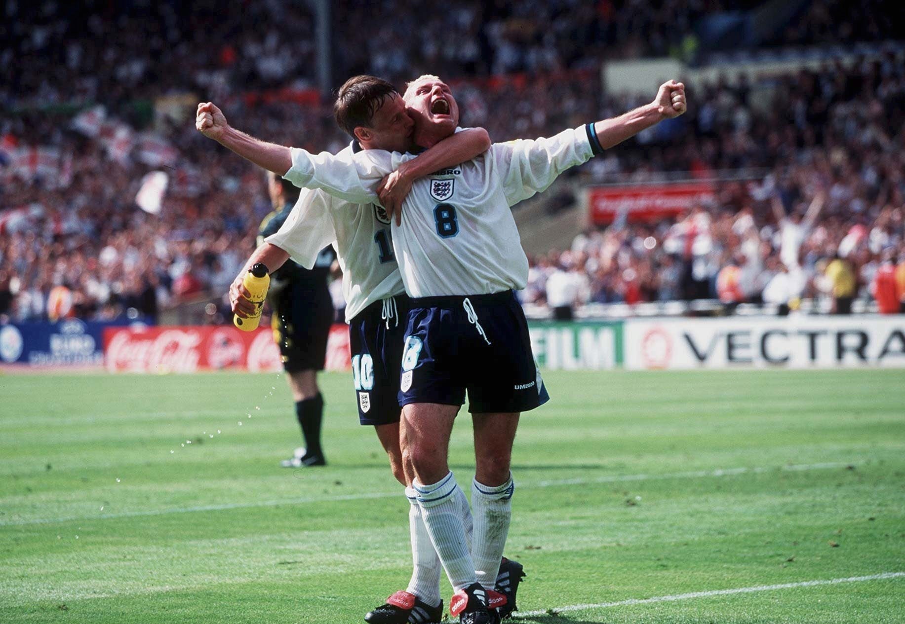 Paul Gascoigne and Teddy Sheringham celebrate during Euro ’96 – the last time football truly came home