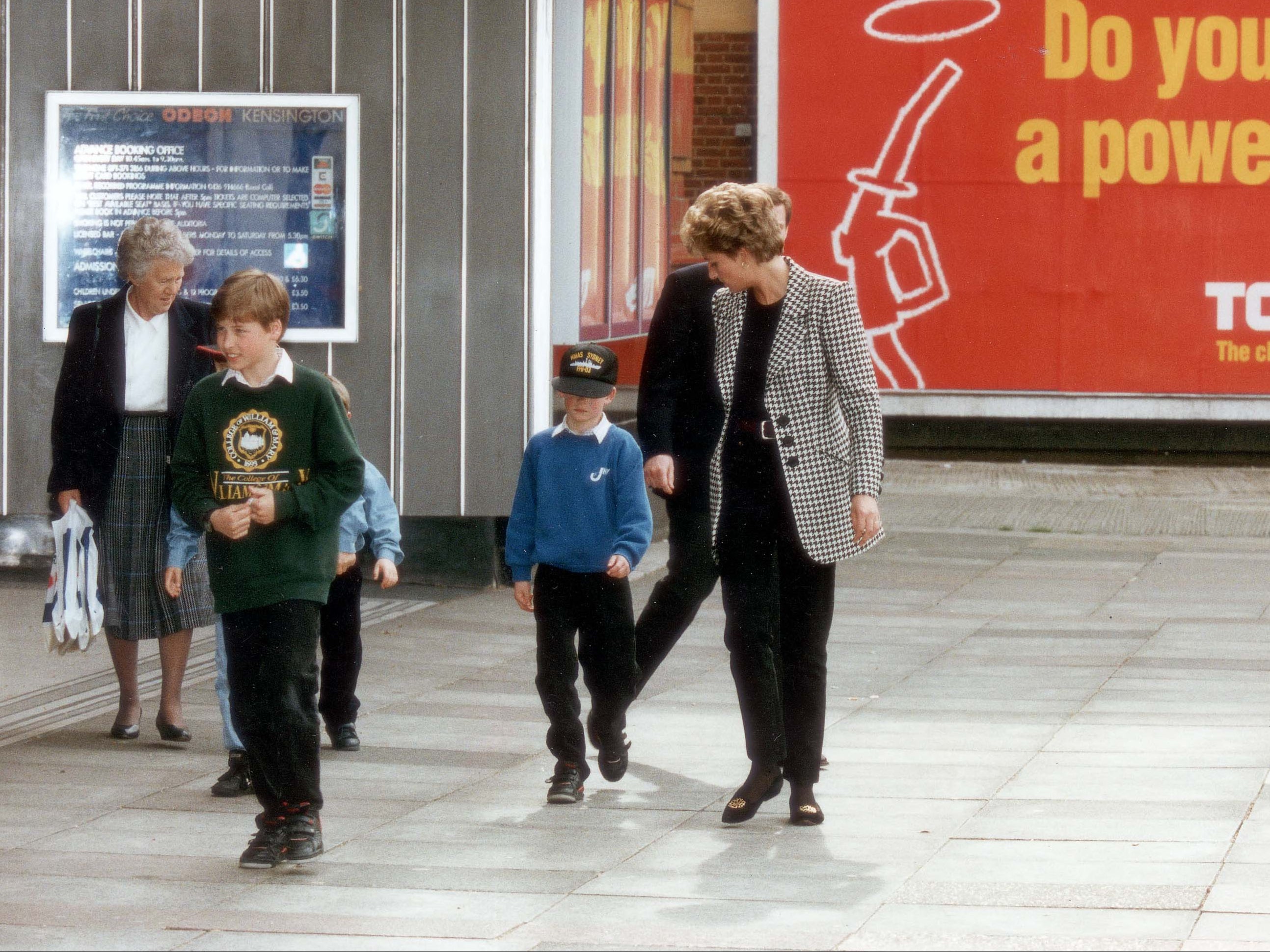 Princess Diana, William and Harry leaving The Odeon cinema in Kensington after watching 'Jungle Book’