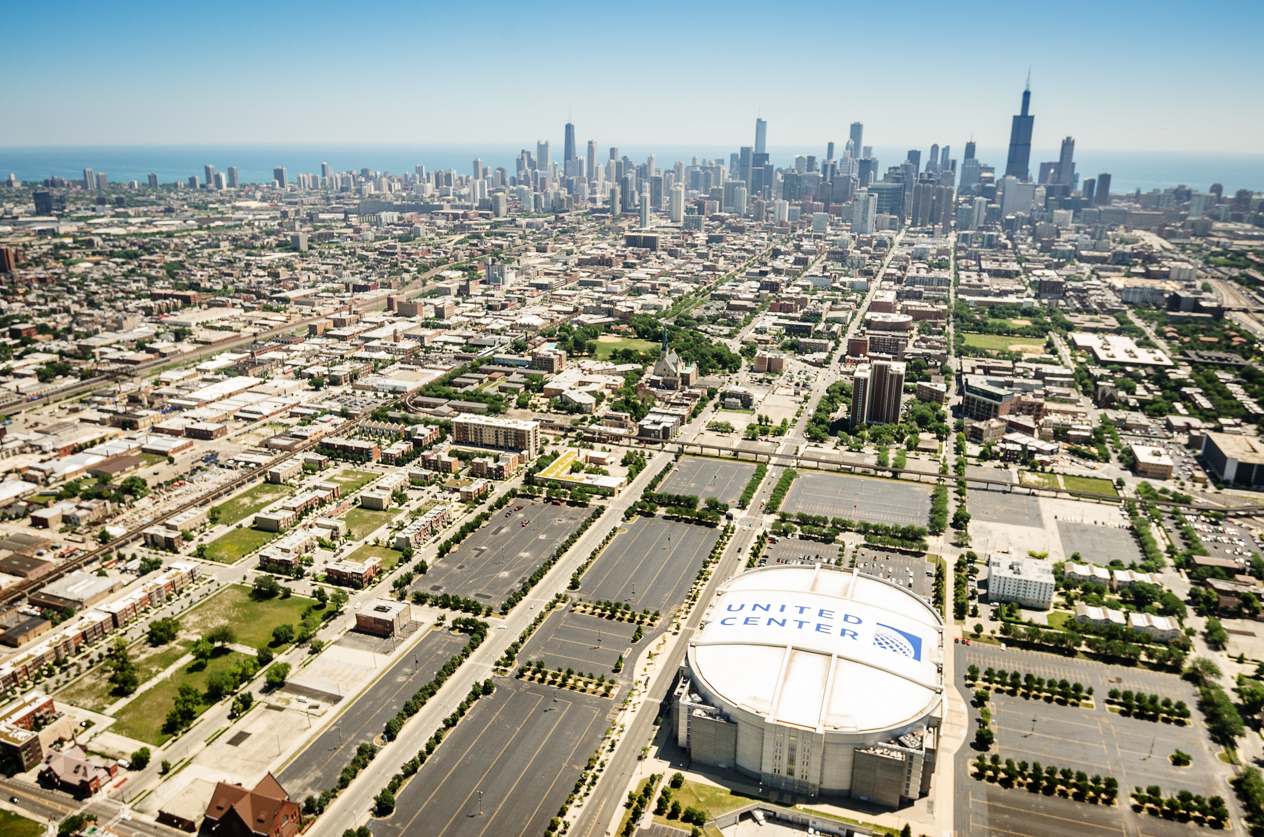 Aerial view of the United center stadium on chicago. United Center, is the home of the Chicago Bulls and Blackhawks,