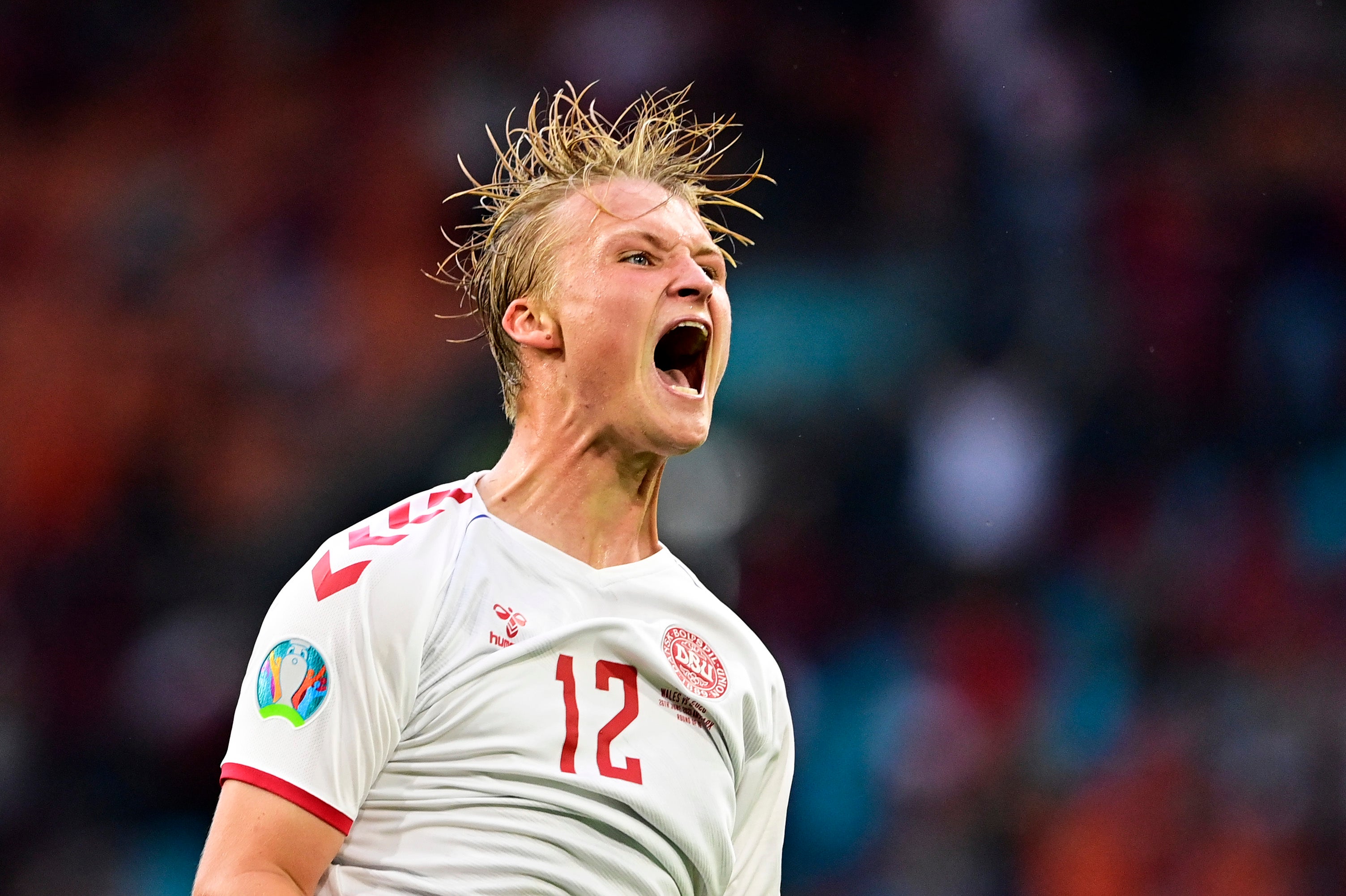 Kasper Dolberg of Denmark celebrates after his second goal