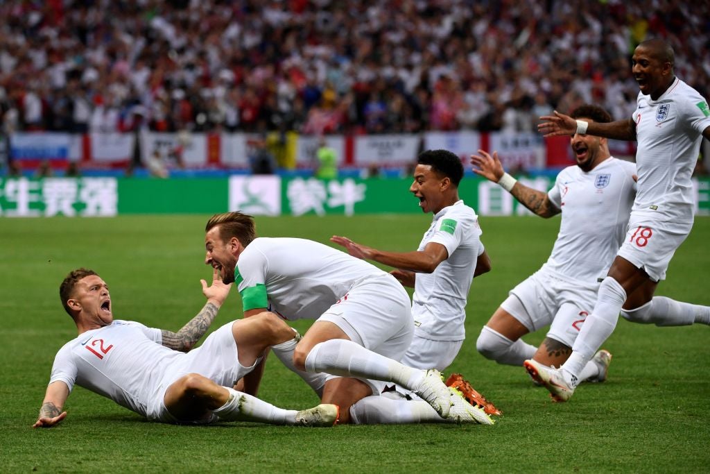 England’s players celebrate taking the lead against Croatia in the 2018 World Cup semi-final