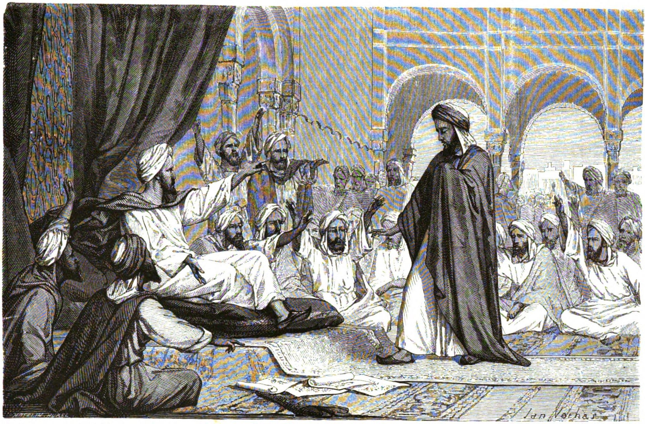 Illustration showing Averroes being banished from Cordova by the caliph