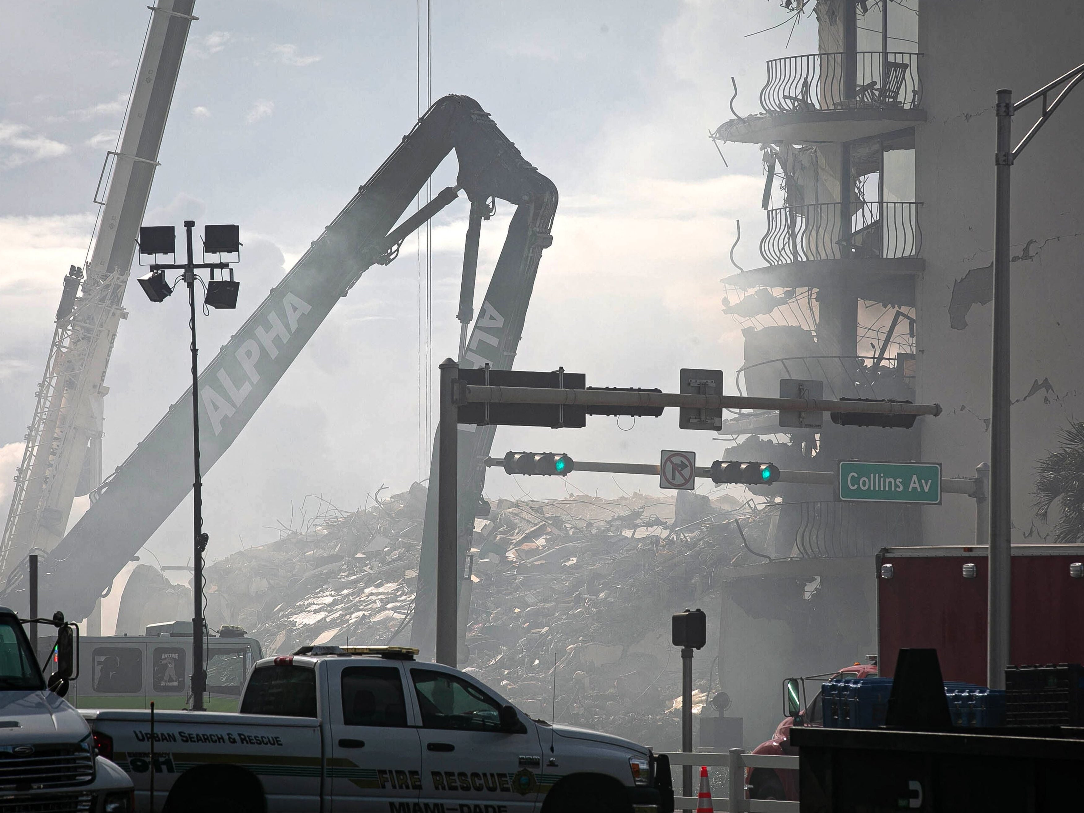 Construction equipment is used to remove rubble