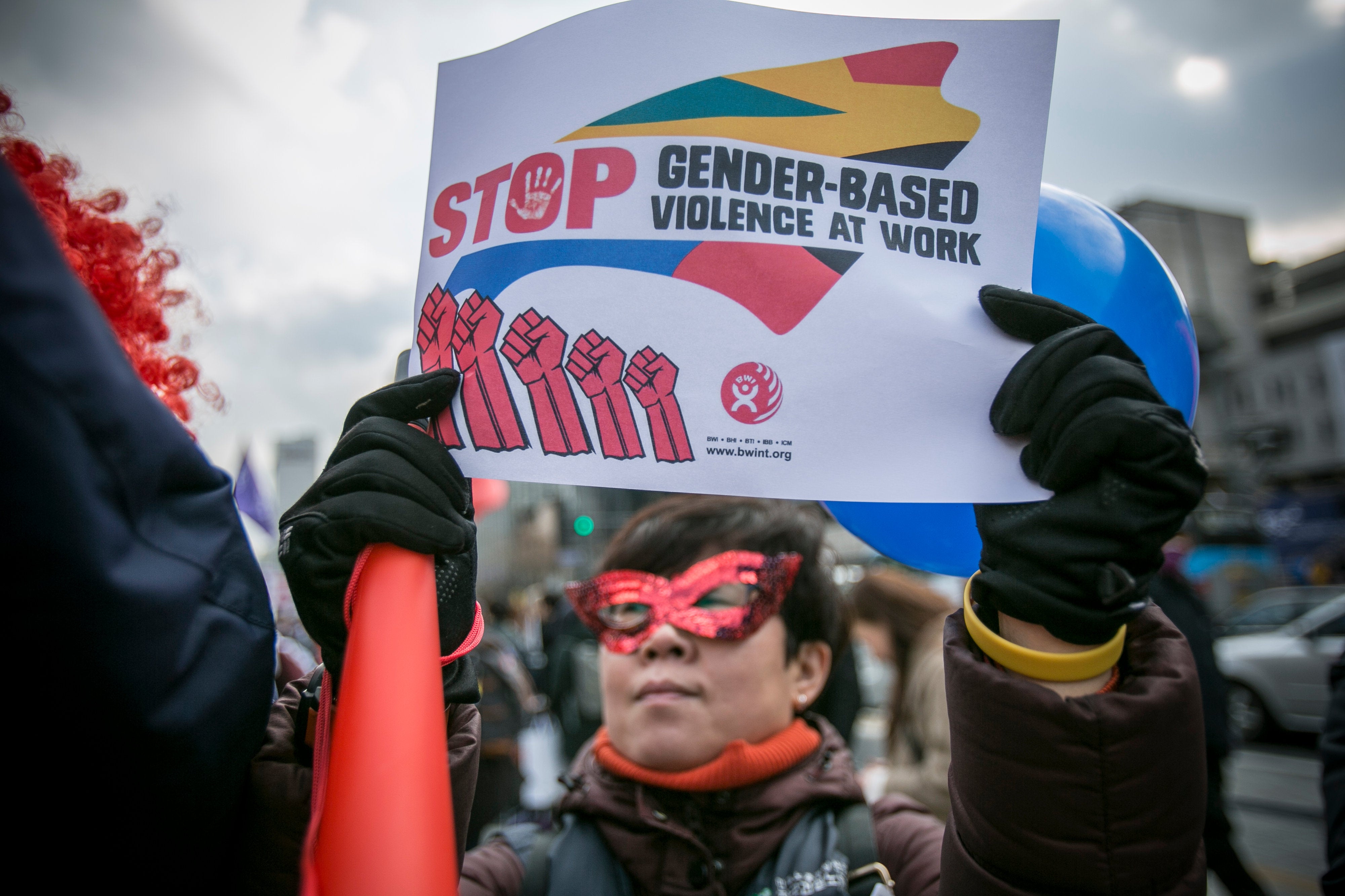 Woman demonstrates against gender inequality and sexual harassment at work in capital of Seoul