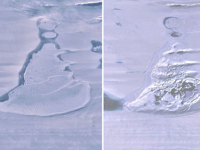 Before and after images of the lake (L) and subsequent ice-strewn crater (R) captured a few days apart by NASA’s ICESat-2